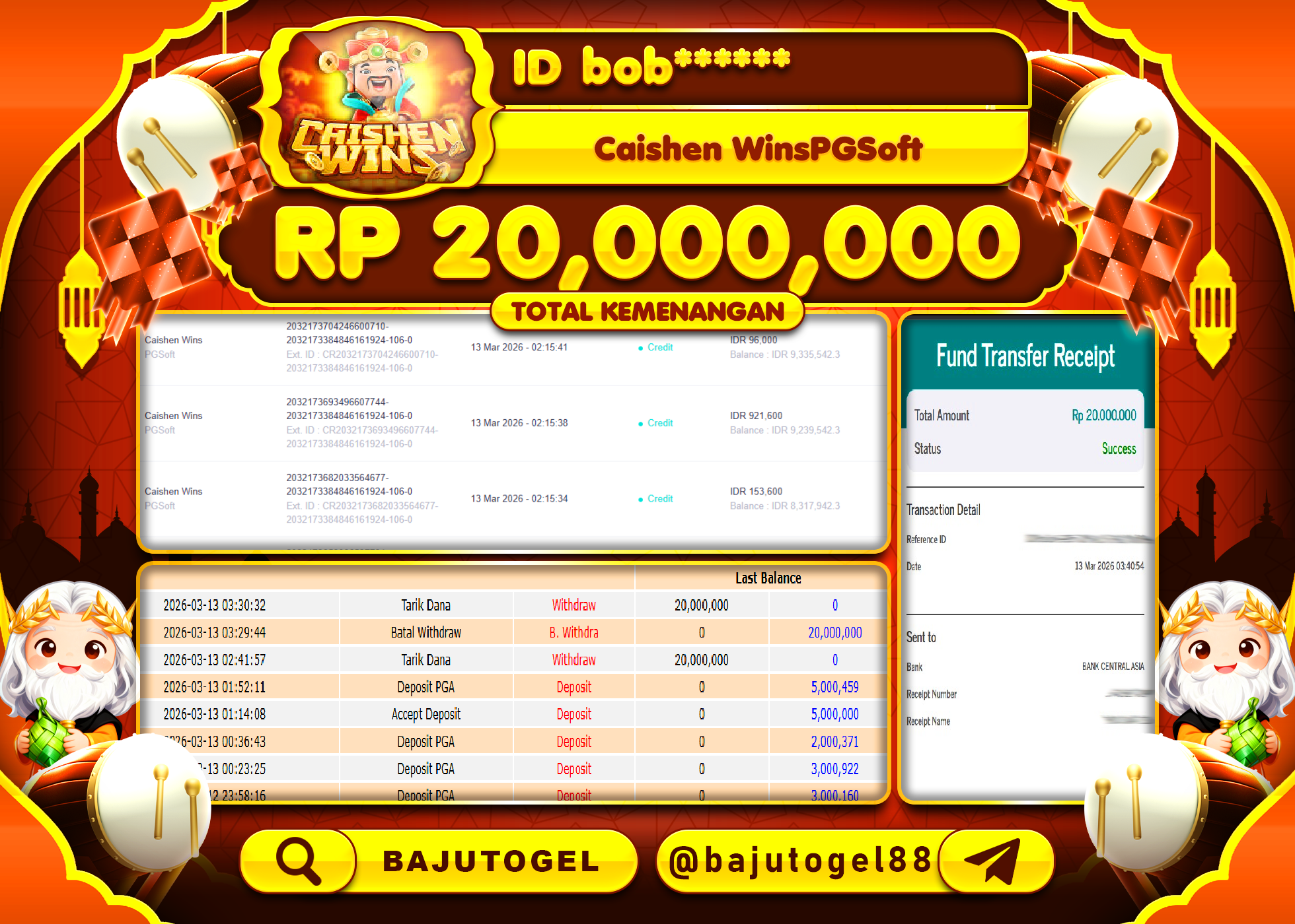 BAJUTOGEL KEMENANGAN JACKPOT DI CAISHEN WINS PGSoft Rp.20,000,000 LUNAS