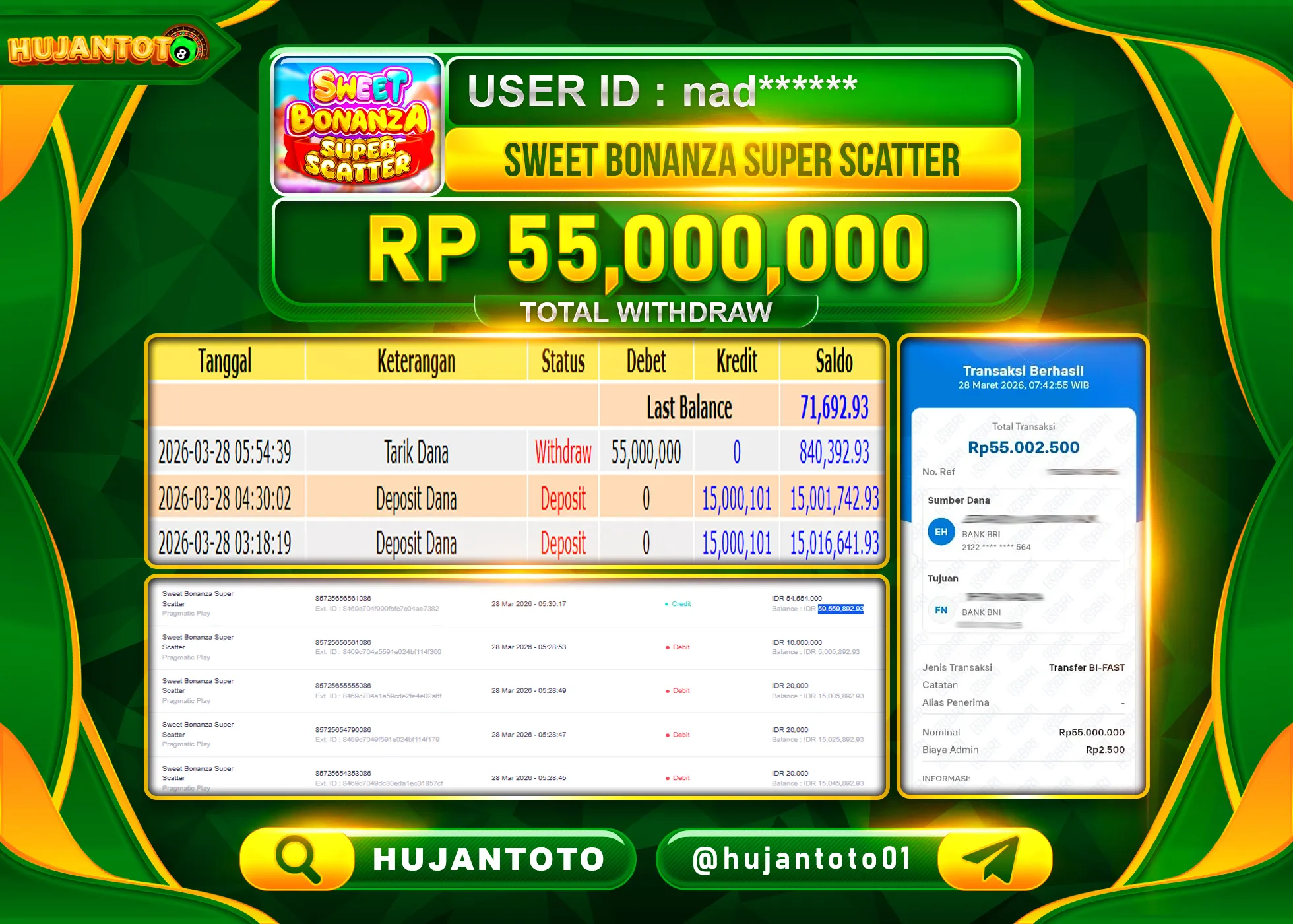 HUJANTOTO - BUKTI JACKPOT MENANG SLOT SWEET BONANZA SUPER SCATTER Rp.55,000,000 - TERBAYAR LUNAS