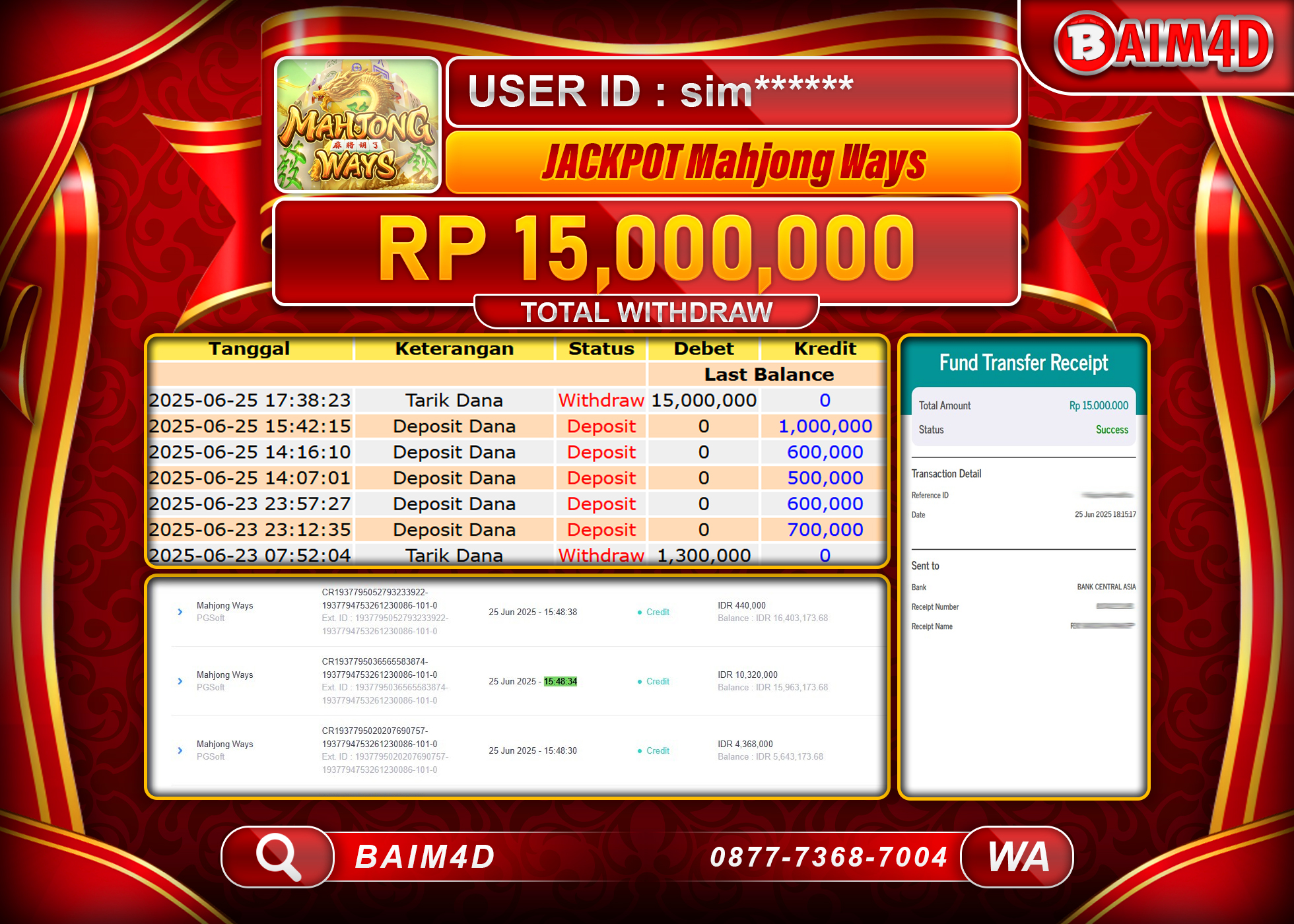 BAIM4D JACKPOT SLOT MAHJONG WAYS Rp.15,000,000.- LUNAS