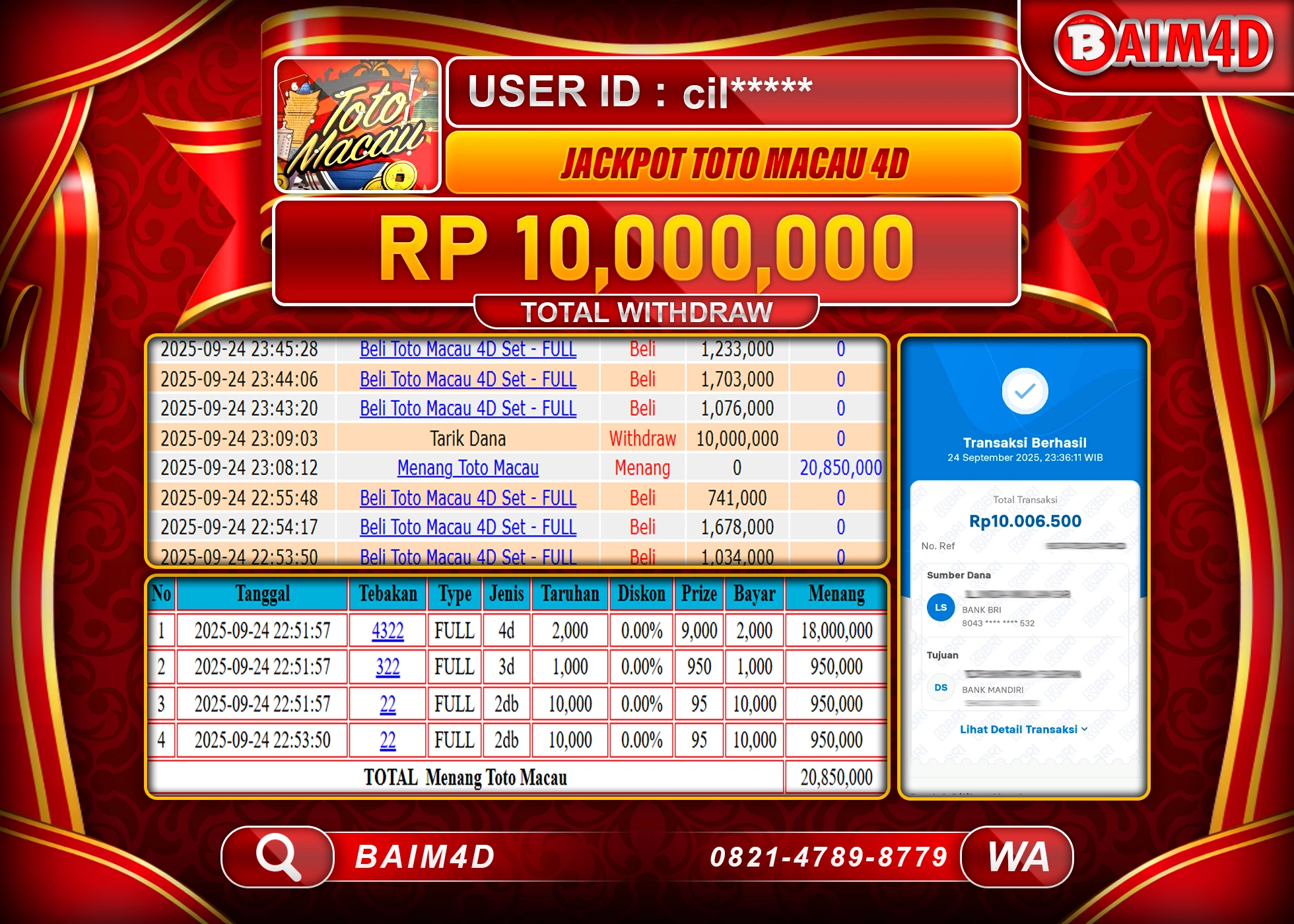 BAIM4D JACKPOT TOGEL TOTO MACAU 4D GAMES Rp.10,000,000.- LUNAS
