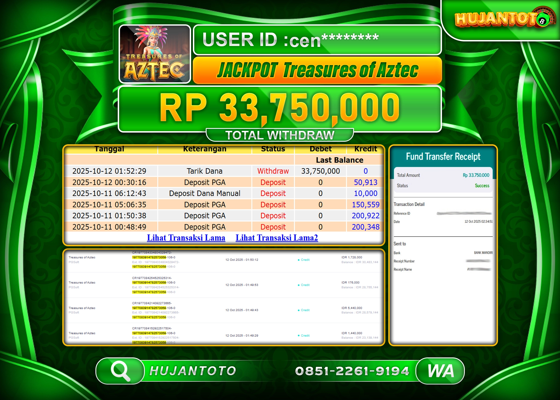 HUJANTOTO - BUKTI JACKPOT MENANG SLOT TREASURES OF AZTEC Rp.33,750,000 - TERBAYAR LUNAS