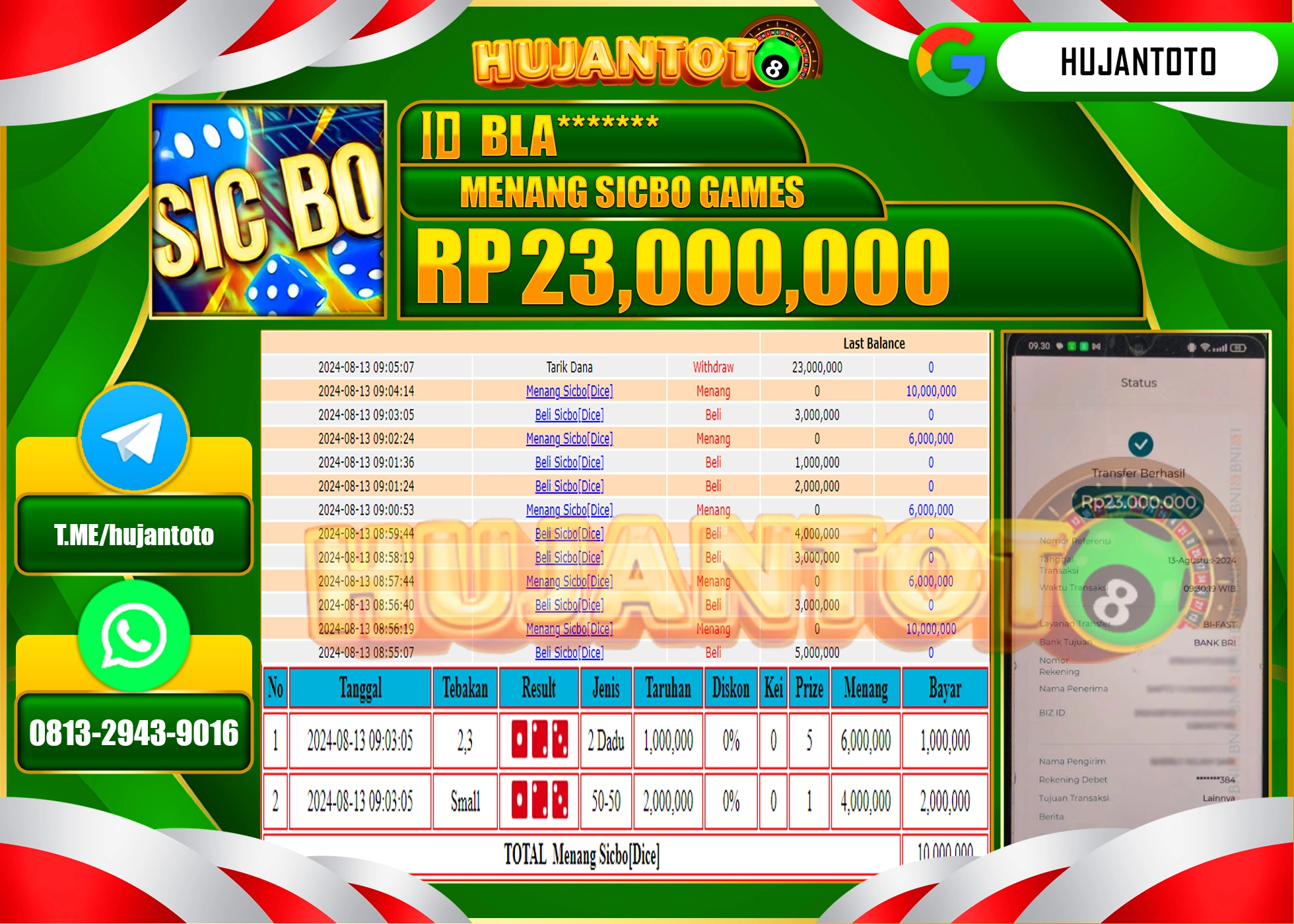 HUJANTOTO MENANG BESAR DI PERMAINAN LIVEGAME SICBO DICE GAME 23.000.000  - LUNAS 