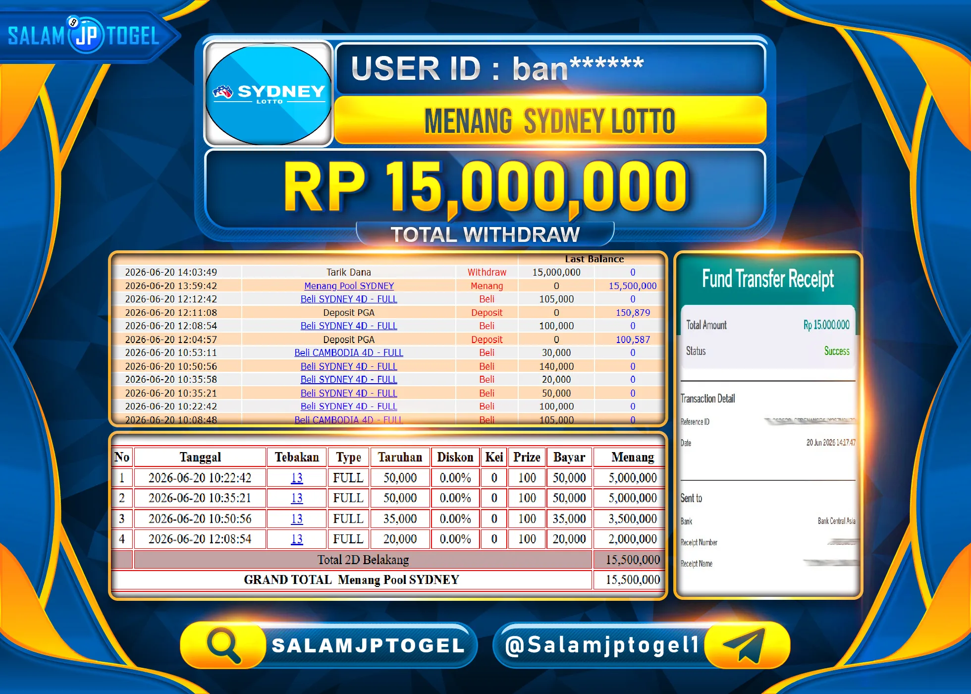 SALAMJPTOGEL JACKPOT MENANG TOGEL SYDNEY LOTTO  Rp.15,000,000 - LUNAS