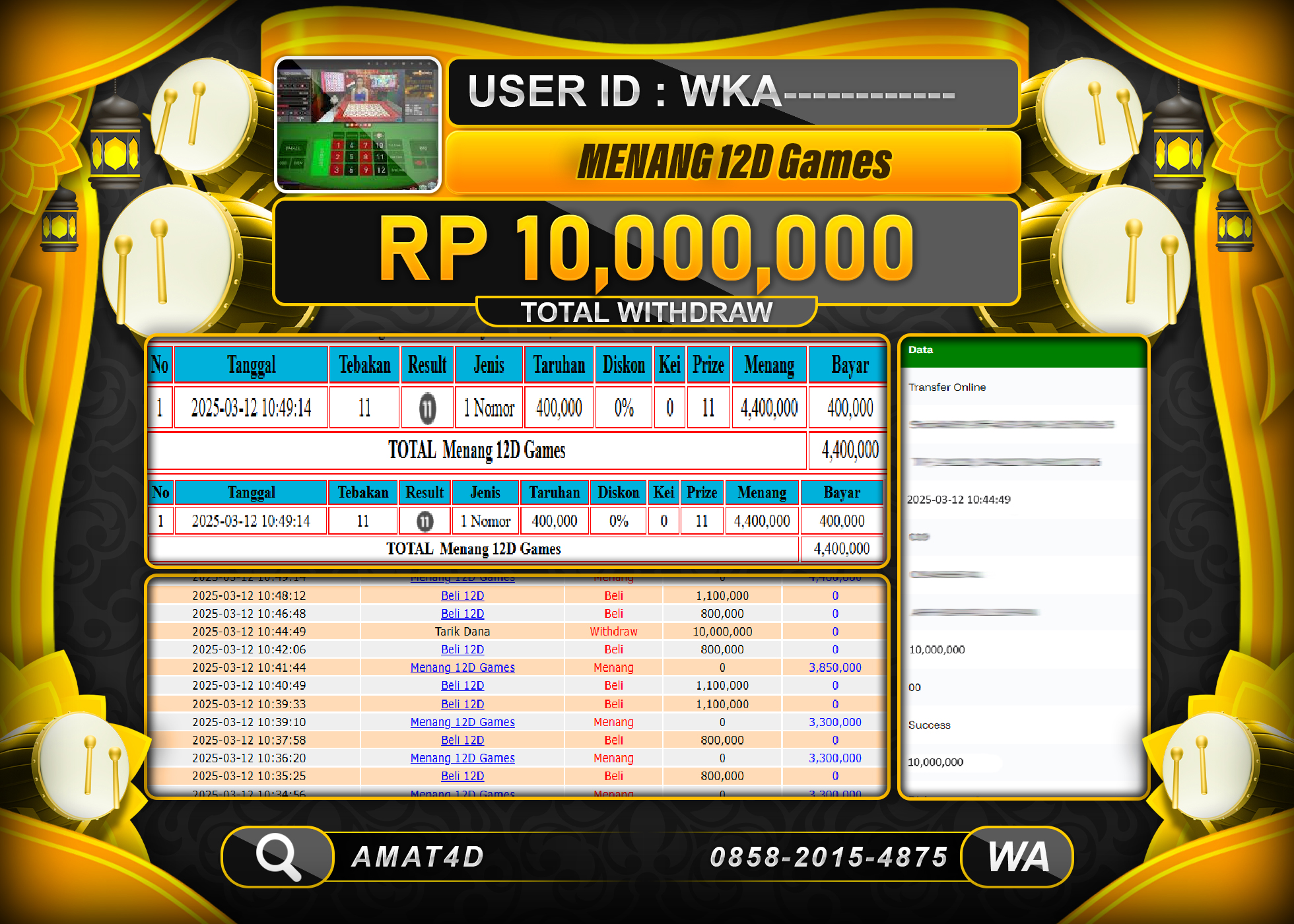 AMAT4D KEMENANGAN LIVE CASINO 12D GAMES Rp.10.000.000 BERHASIL TERBAYAR LUNAS