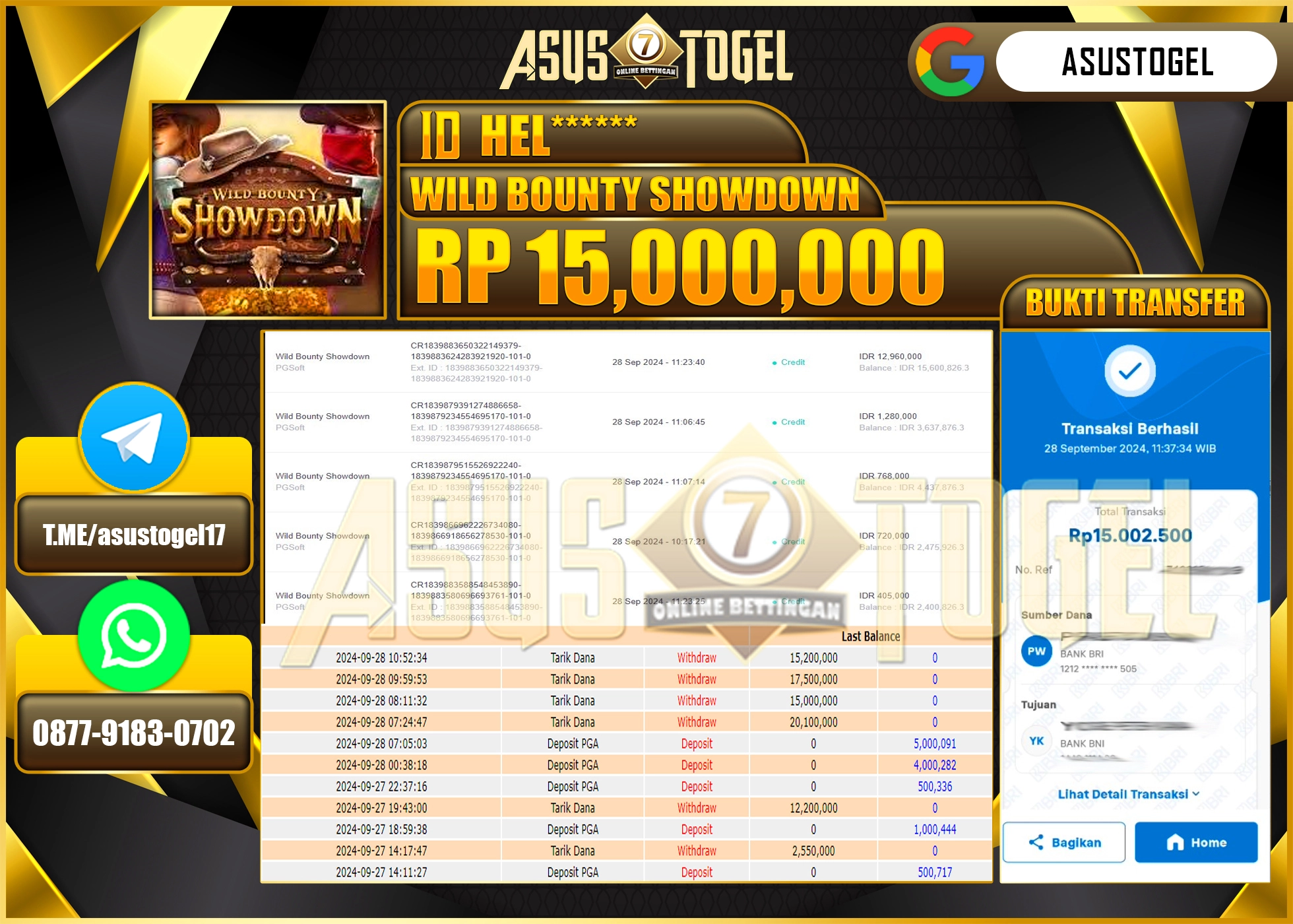 ASUSTOGEL KEMENANGAN DI WILD BOUNTY SHOWDOWN SEBESAR 15,000,000- RUPIAH LUNAS