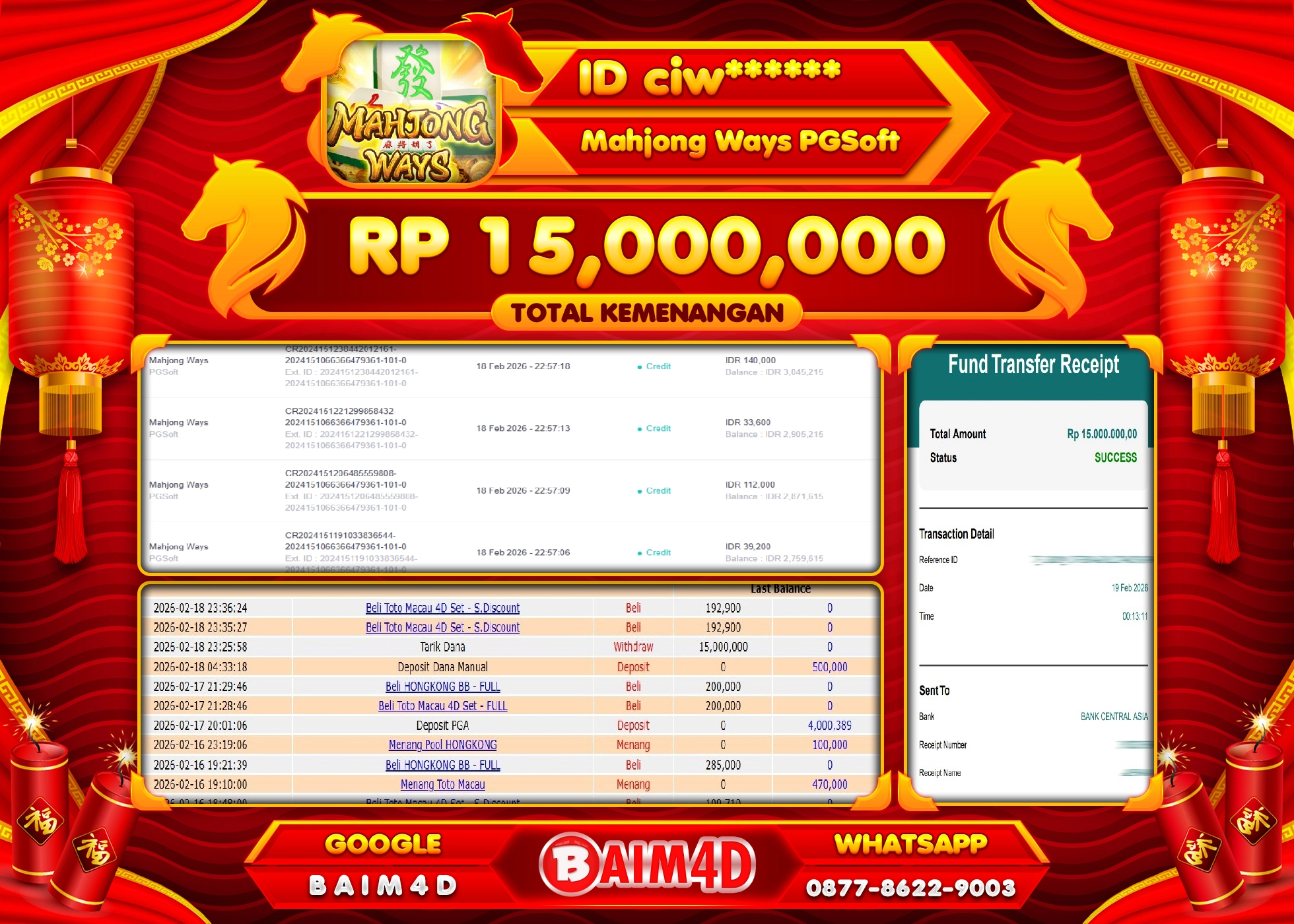 BAIM4D JACKPOT SLOT MAHJONG WAYS Rp.15,000,000 - LUNAS