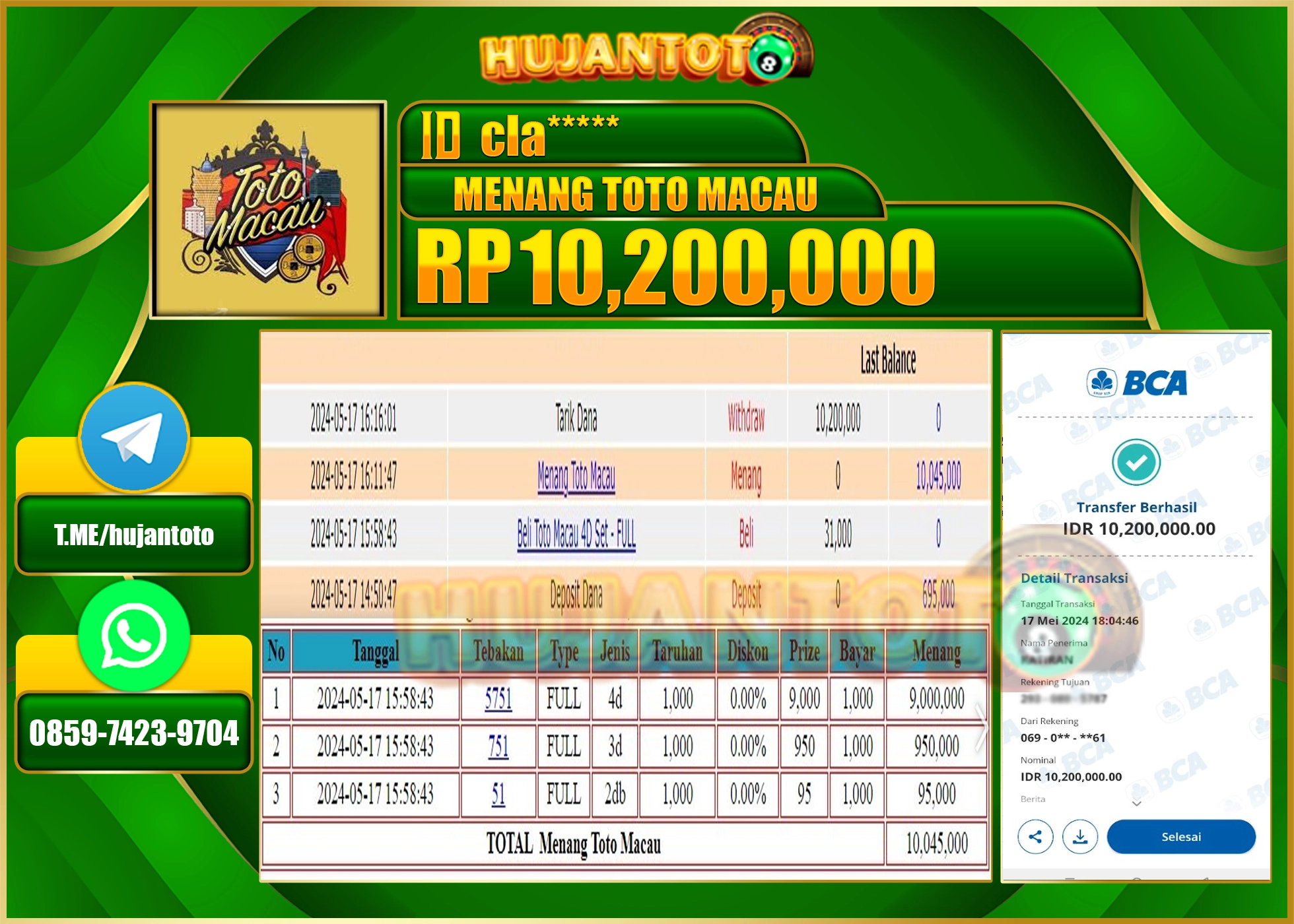HUJANTOTO MENANG  TOTO MACAU POOLS 10,200,000 - LUNAS 