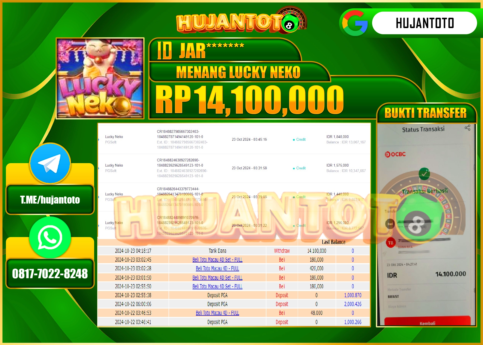 HUJANTOTO KEMENANGAN BESAR DI PERMAINAN SLOT LUCKY NEKO - 14,100,000 - LUNAS