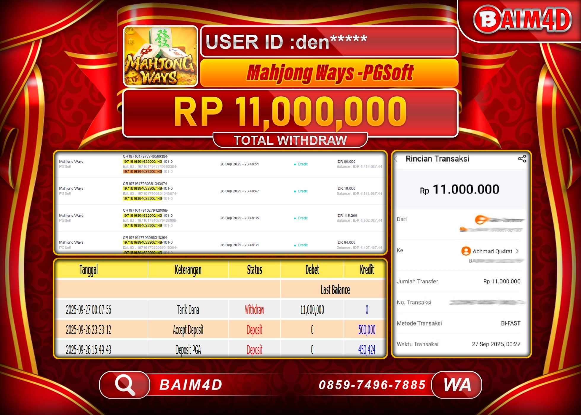 BAIM4D JACKPOT SLOT MAHJONG WAYS PG SOFT Rp.11,000,000.- LUNAS