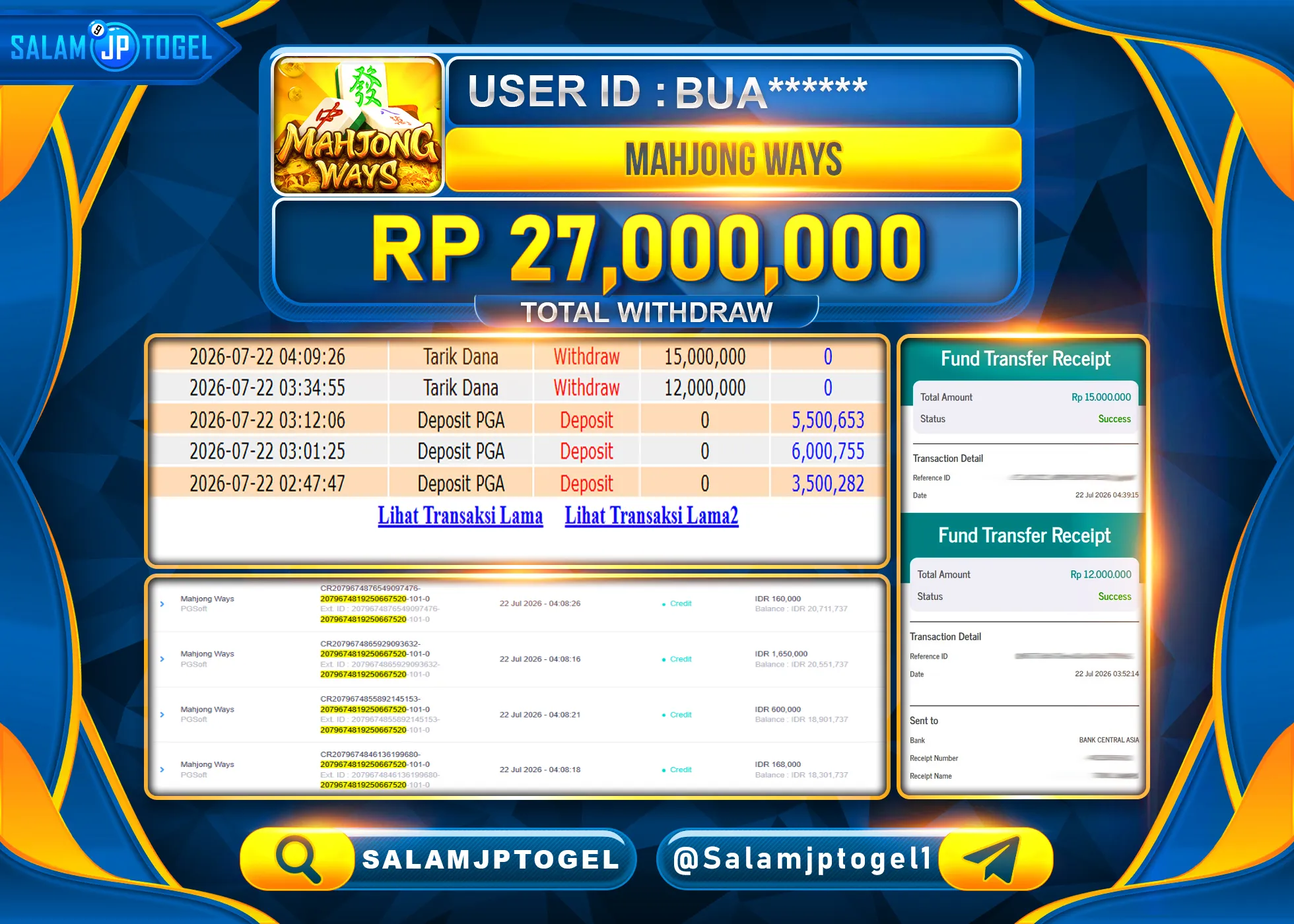 SALAMJPTOGEL JACKPOT MENANG JACKPOT SLOT MAHJONG WAYS  Rp.27,000,000  - LUNAS