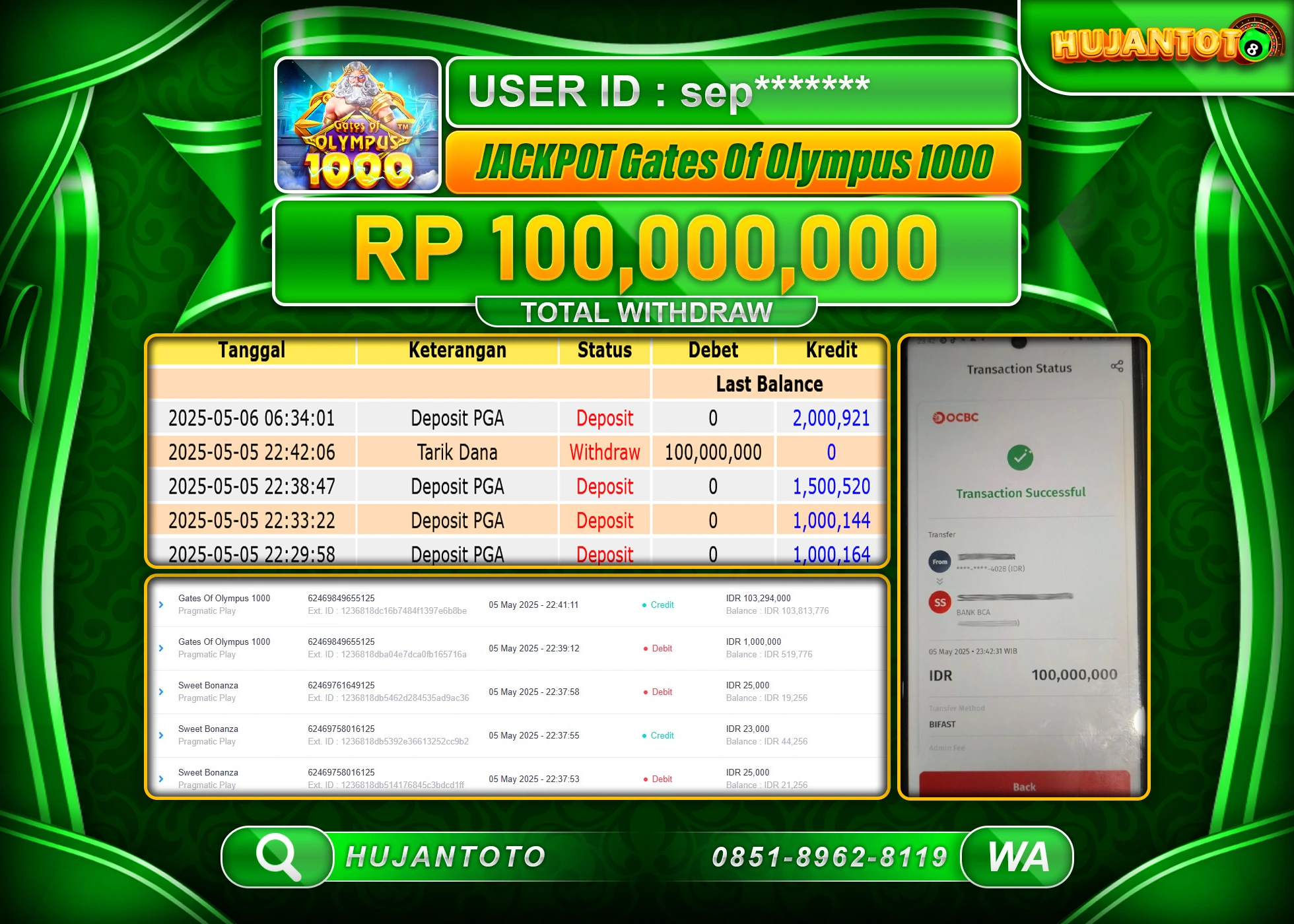 HUJANTOTO - BUKTI JACKPOT MENANG GATES OF OLYMPUS 1000 Rp,100,000,000 - TERBAYAR LUNAS