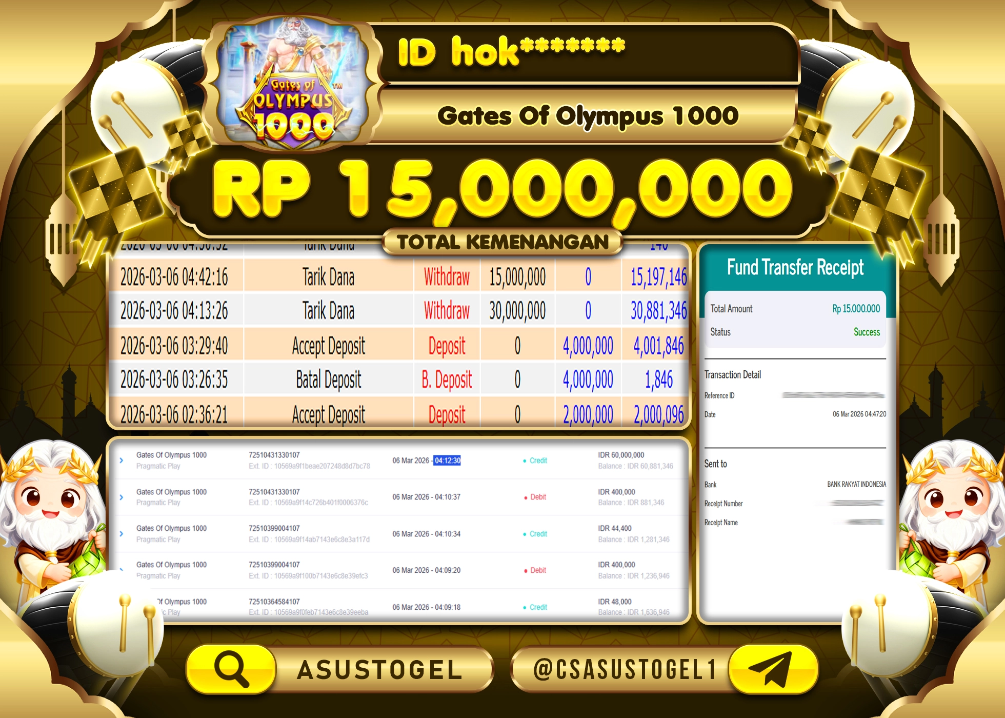 ASUSTOGEL KEMENANGAN DI SLOT GATES OF OLYMPUS 1000 SEBESAR 15,000,000 - RUPIAH LUNAS