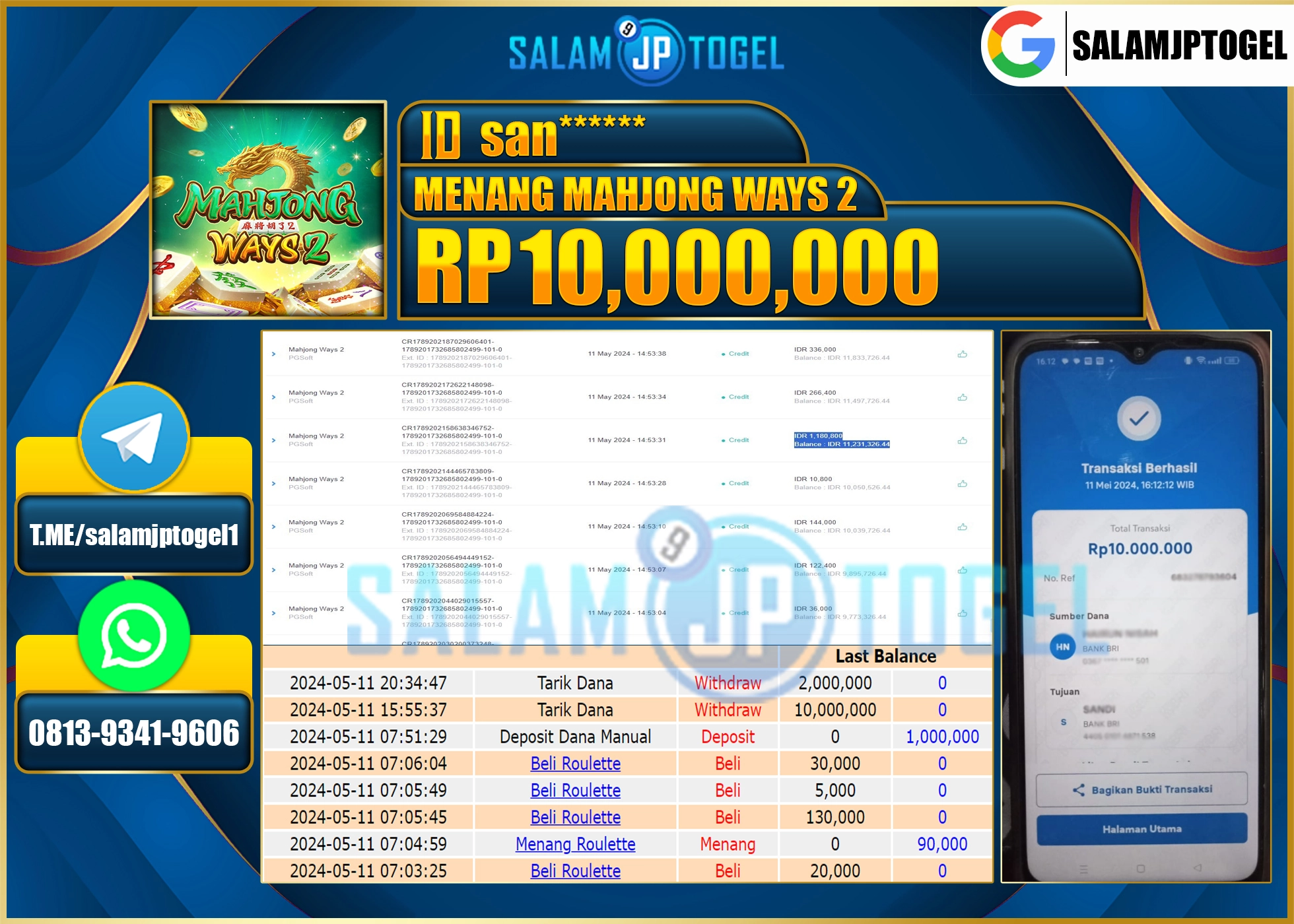 SALAMJPTOGEL MENANG MAHJONG WAYS2 RP. 10,000,000.,- LUNAS