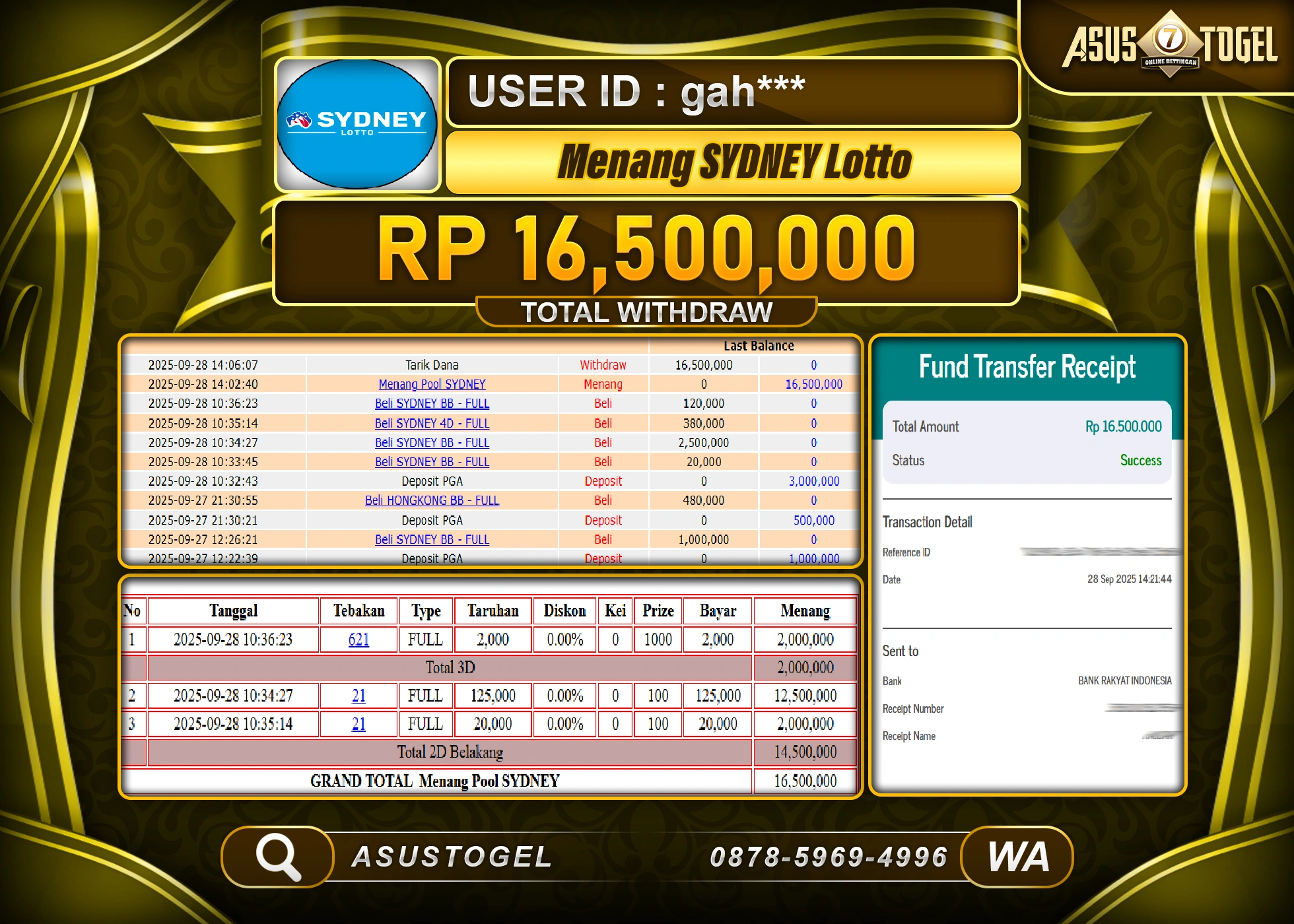 ASUSTOGEL KEMENANGAN DI TOGEL SYDNEY LOTTO SEBESAR 16,500,000- RUPIAH LUNAS