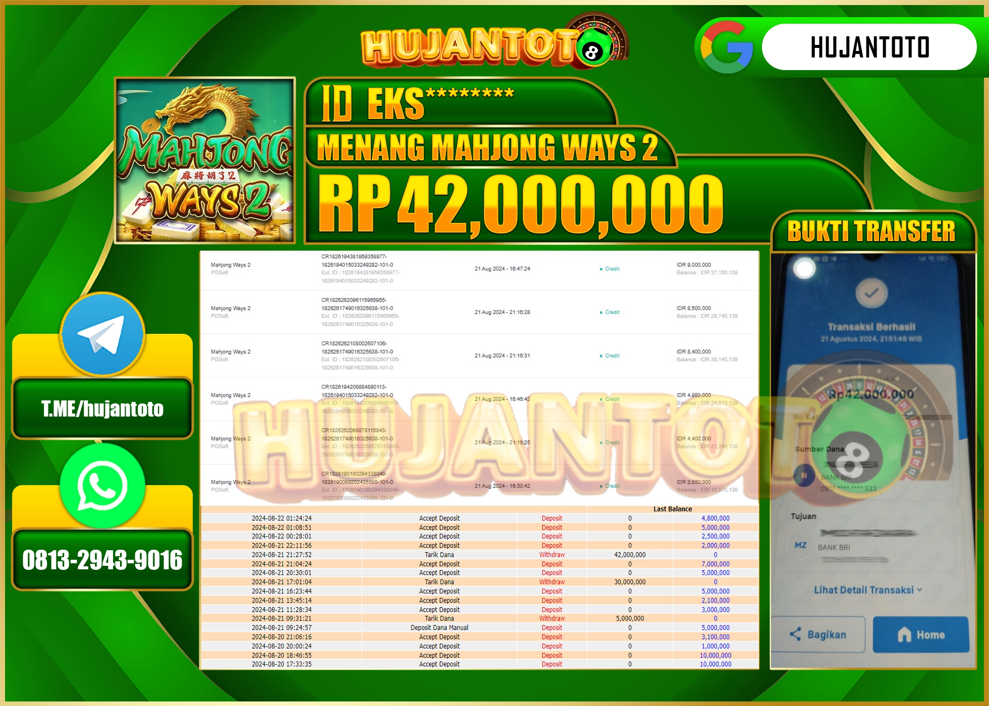 HUJANTOTO MENANG BESAR DI PERMAINAN SLOT MAHJONG WAYS 2 42.000.000 - LUNAS 
