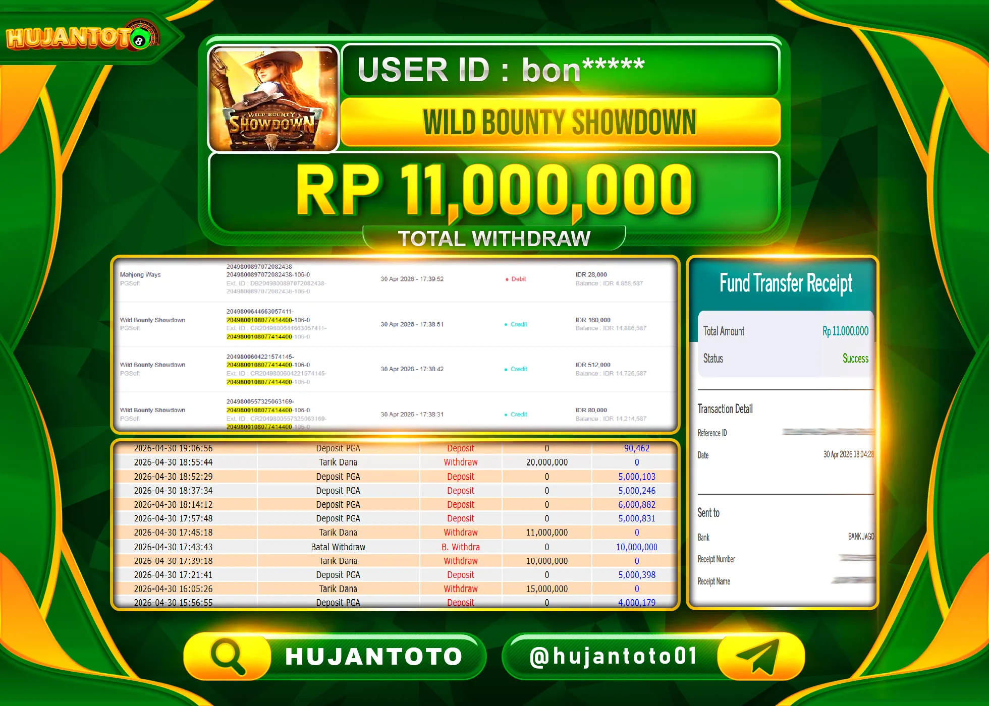 HUJANTOTO - BUKTI JACKPOT MENANG SLOT WILD BOUNTY SHOWDOWN Rp.11,000,000 - TERBAYAR LUNAS