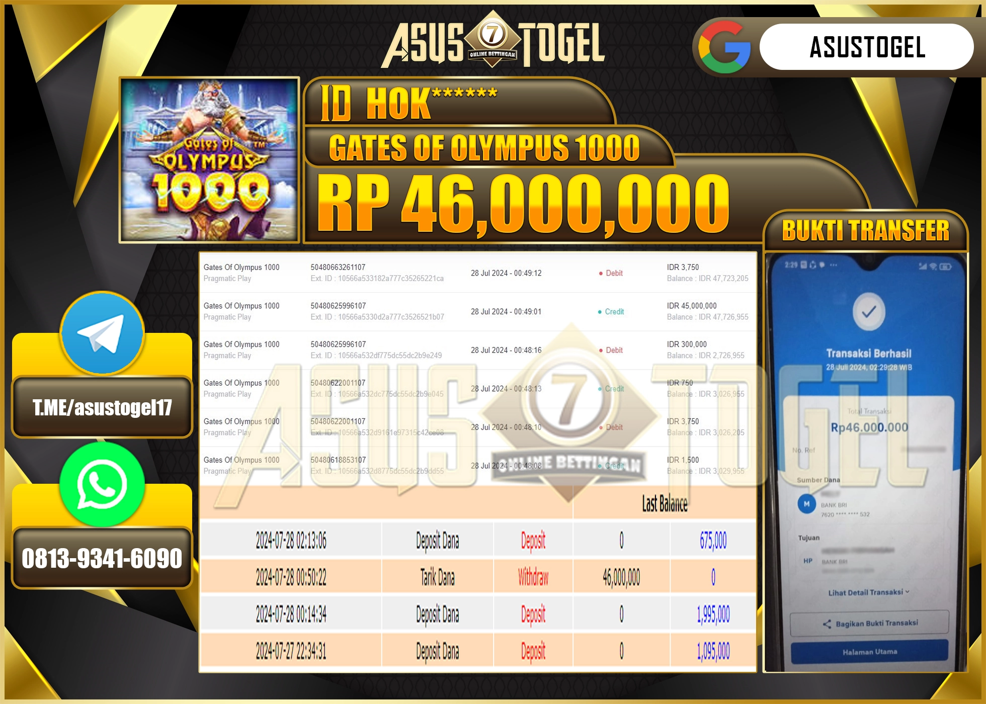 ASUSTOGEL KEMENANGAN DI GATES OF OLYMPUS 1000 SEBESAR 46,000,000- RUPIAH LUNAS