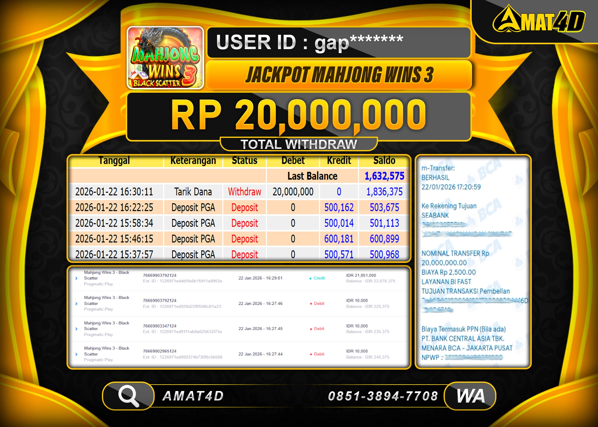 AMAT4D KEMENANGAN SLOT PG SOFT MAHJONG WIN 3 Rp.20.000.000 BERHASIL TERBAYAR LUNAS
