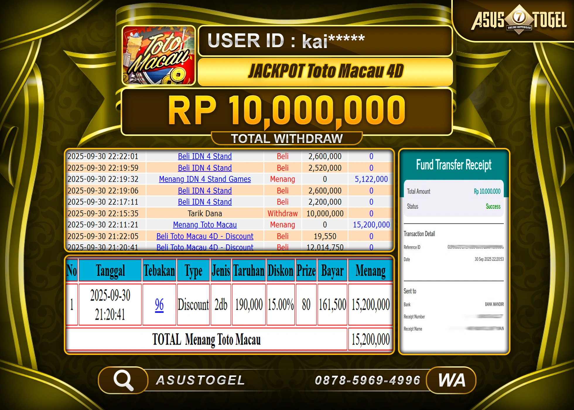 ASUSTOGEL KEMENANGAN DI TOGEL TOTO MACAU 4D SEBESAR 10,000,000- RUPIAH LUNAS