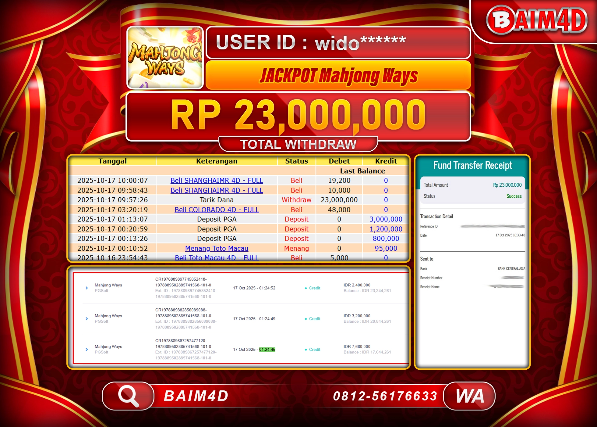 BAIM4D JACKPOT SLOT MAHJONG WAYS PG SOFT Rp.23,000,000.- LUNAS