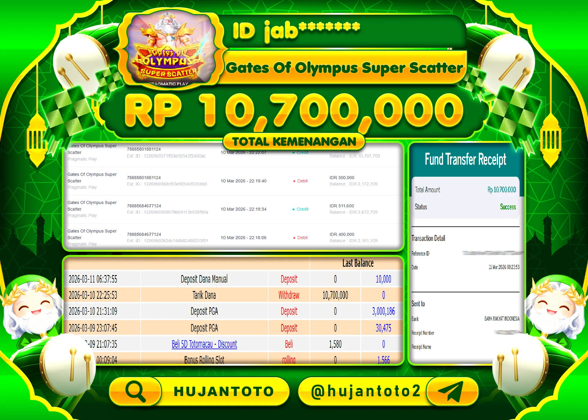 HUJANTOTO - BUKTI JACKPOT MENANG SLOT GATES OF OLYMPUS SUPER SCATTER Rp.10,700,000 - TERBAYAR LUNAS