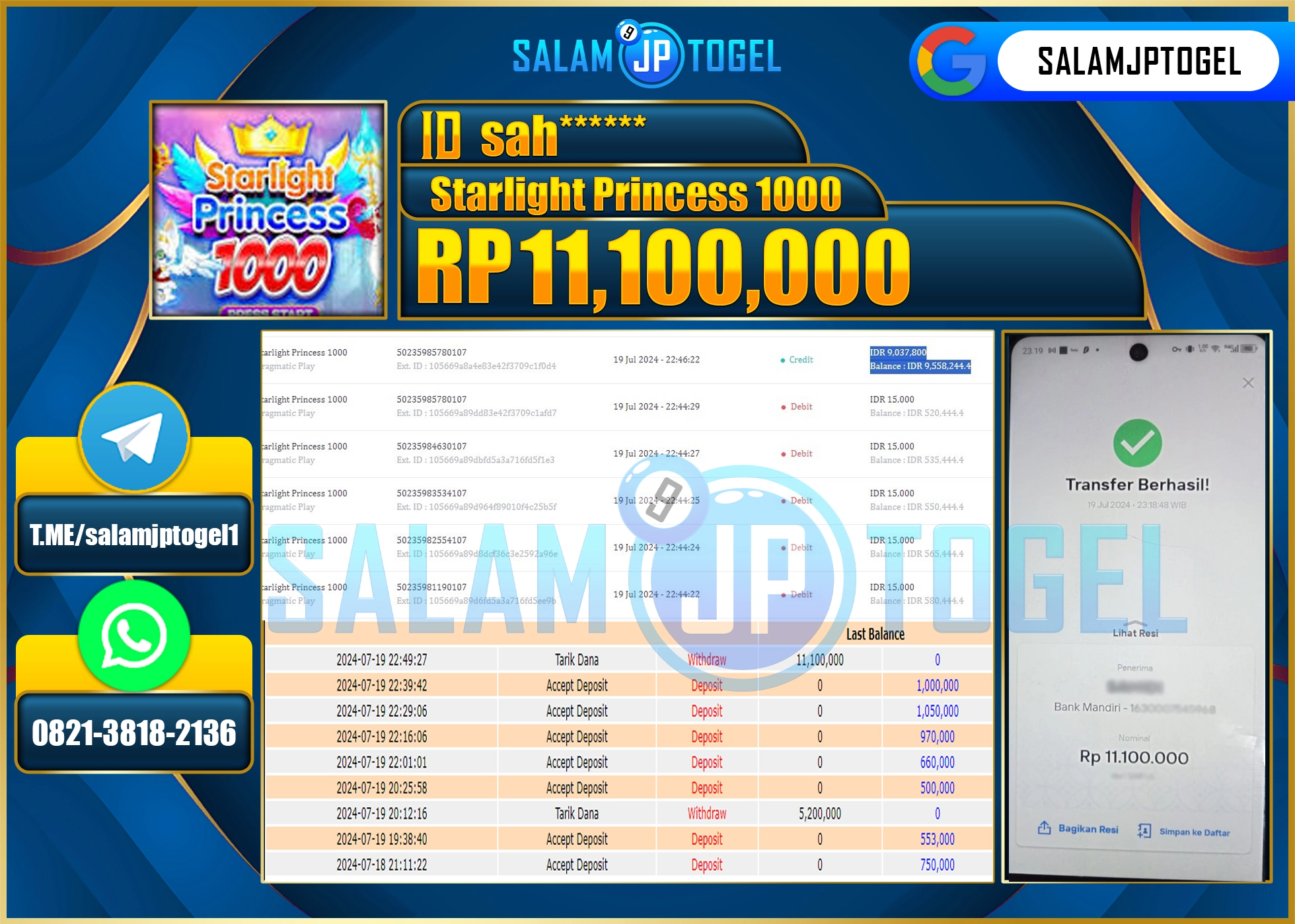 SALAMJPTOGEL MENANG STARLIGHT PRINCESS 1000 RP. 11,100,000.,LUNAS
