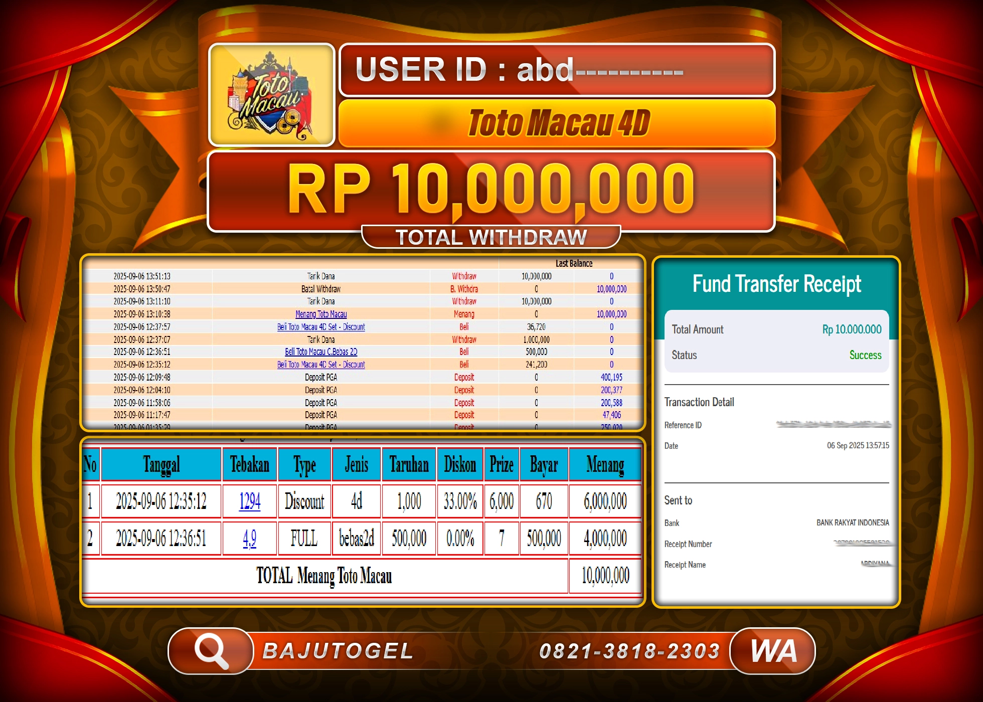 BAJUTOGEL KEMENANGAN JACKPOT TOTO MACAU 4D Rp.10.000.000 LUNAS