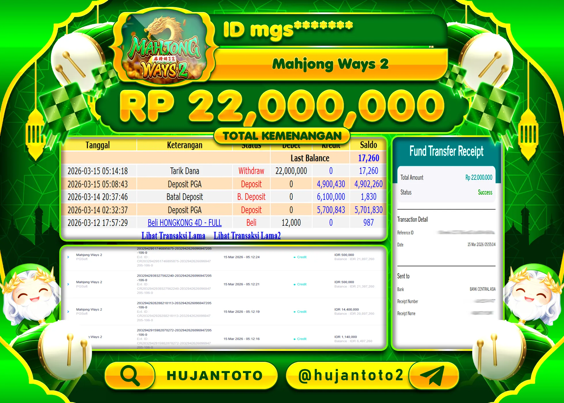 HUJANTOTO - BUKTI JACKPOT MENANG SLOT MAHJONG WAYS 2 Rp.22,000,000 - TERBAYAR LUNAS