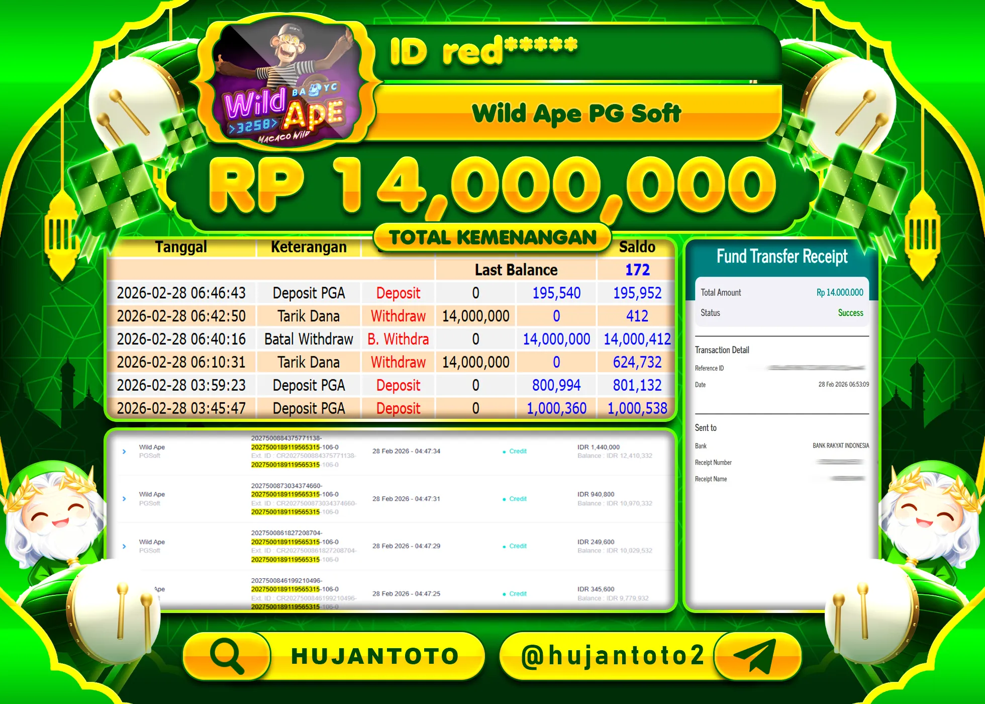 HUJANTOTO - BUKTI JACKPOT MENANG SLOT WILD APE - PGSOFT Rp.14,000,000 - TERBAYAR LUNAS