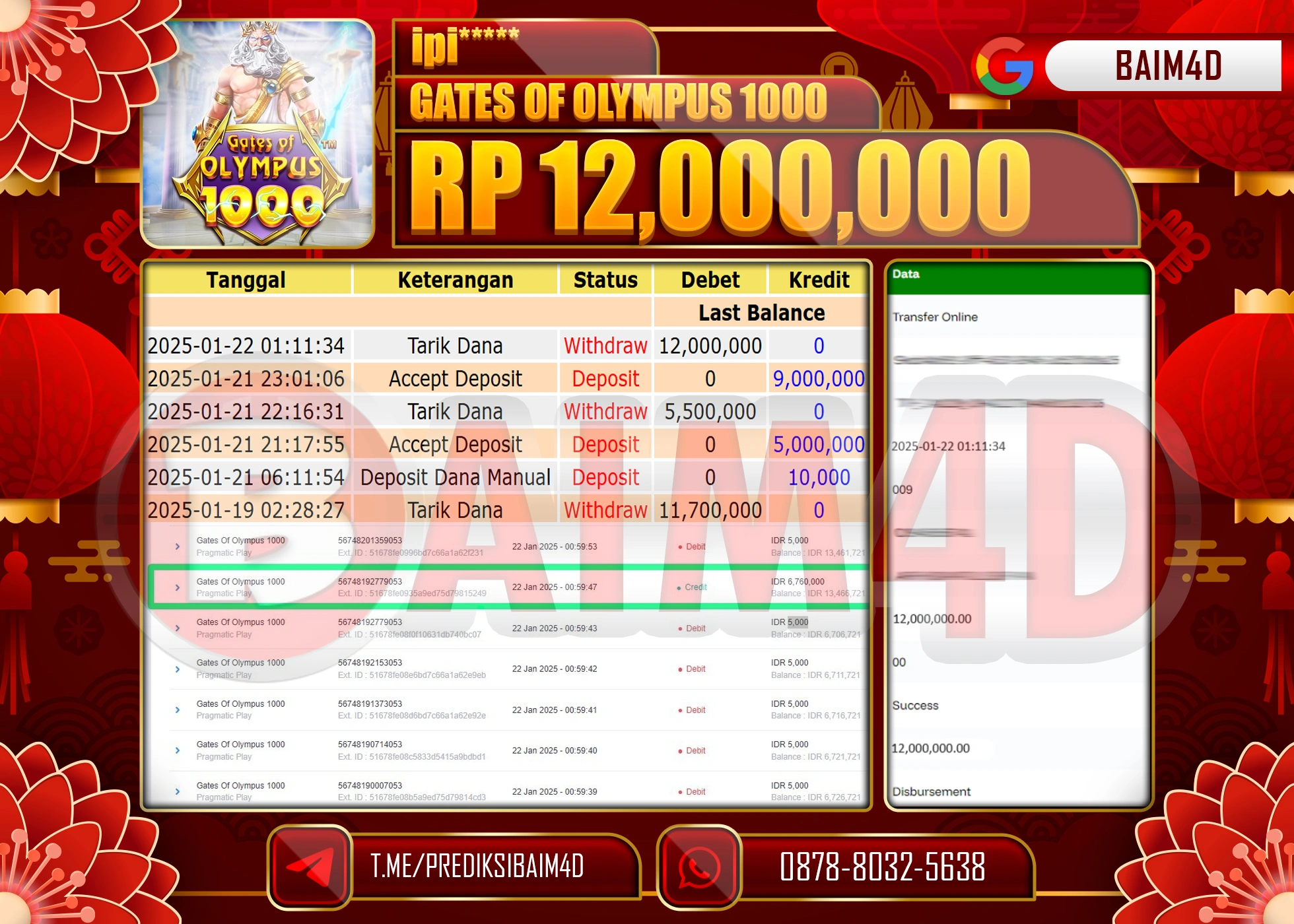 BAIM4D JACKPOT SLOT GATES OF OLYMPUS 1000 Rp.12,000,000.- LUNAS