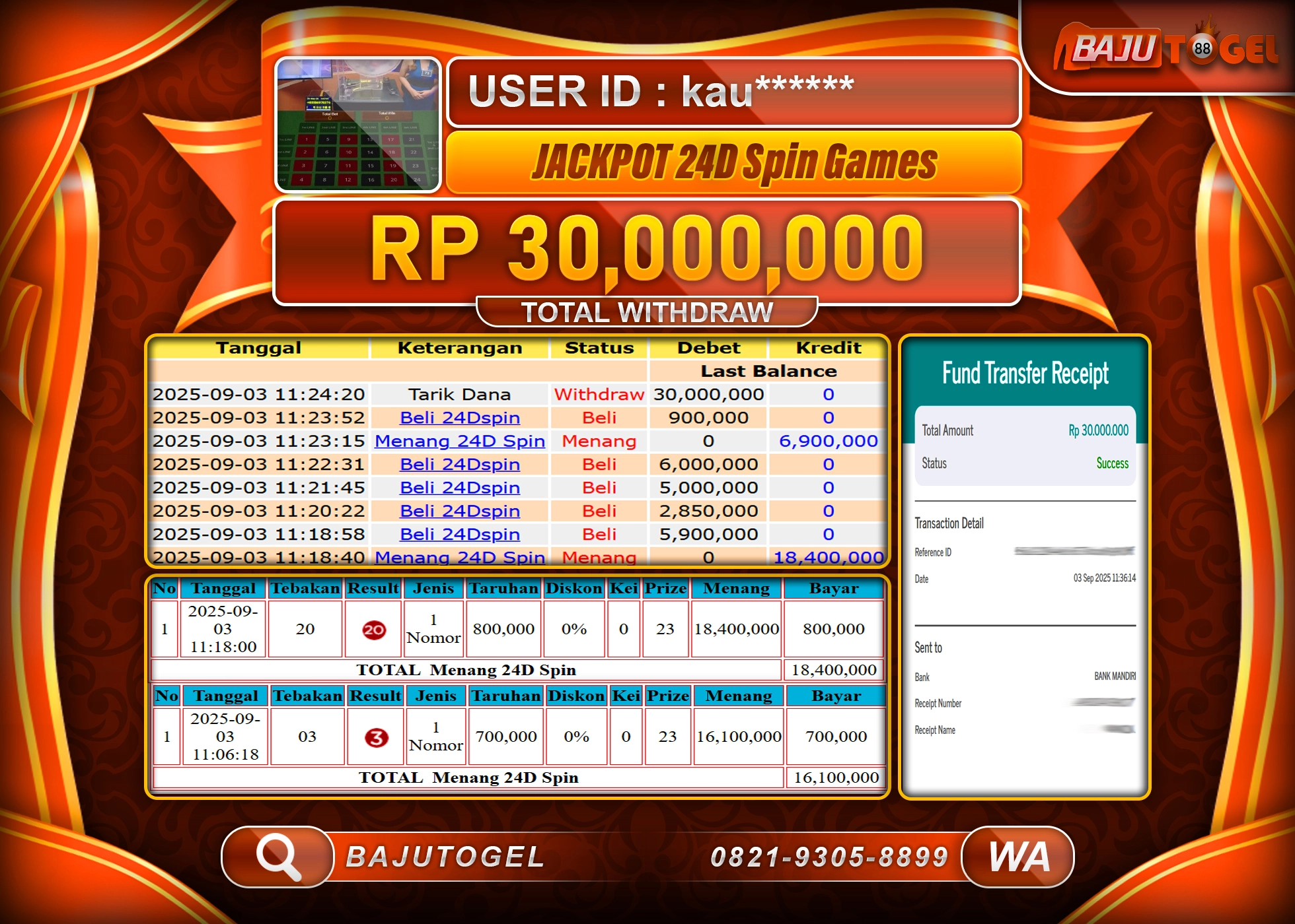 BAJUTOGEL KEMENANGAN JACKPOT 24D SPIN GAMES Rp.30.000.000 LUNAS