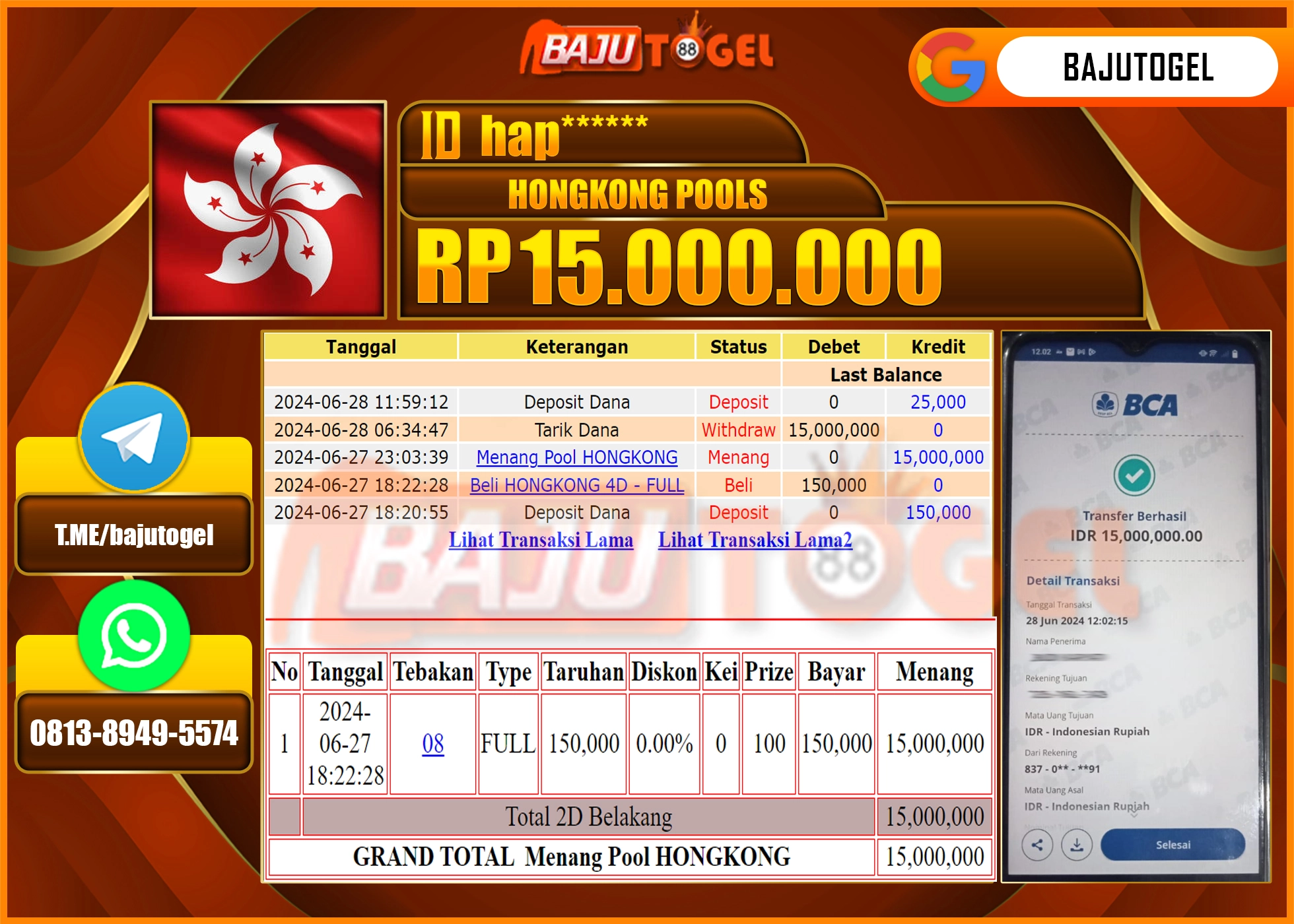 BAJUTOGEL KEMENANGAN PASARAN HONGKONG Rp.15.000.000 LUNAS