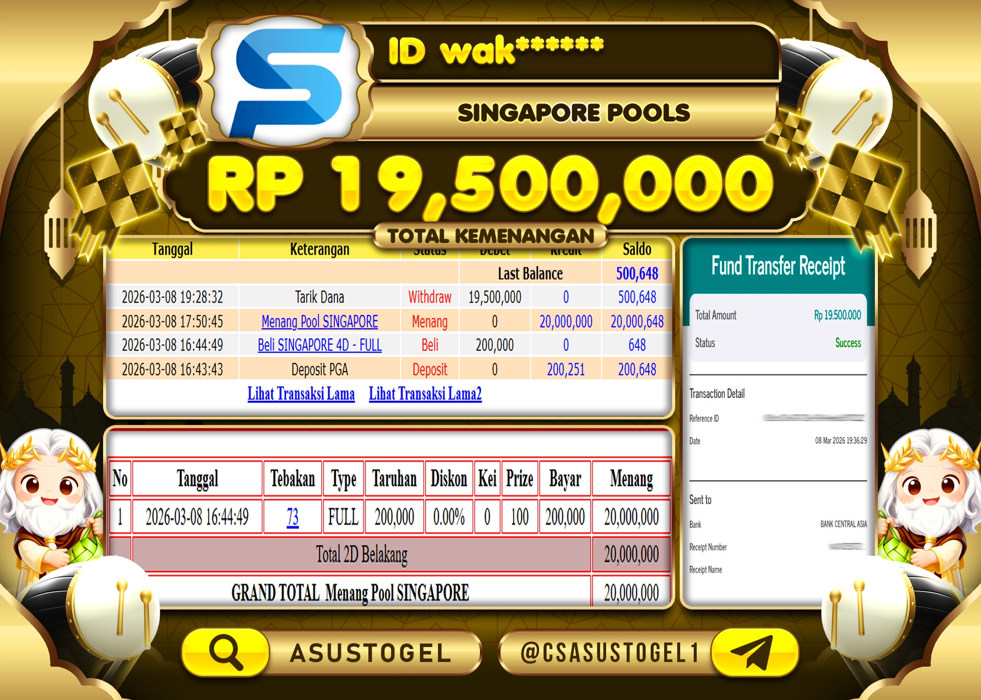 ASUSTOGEL KEMENANGAN DI TOGEL SINGAPORE SEBESAR 19,500,000 - RUPIAH LUNAS