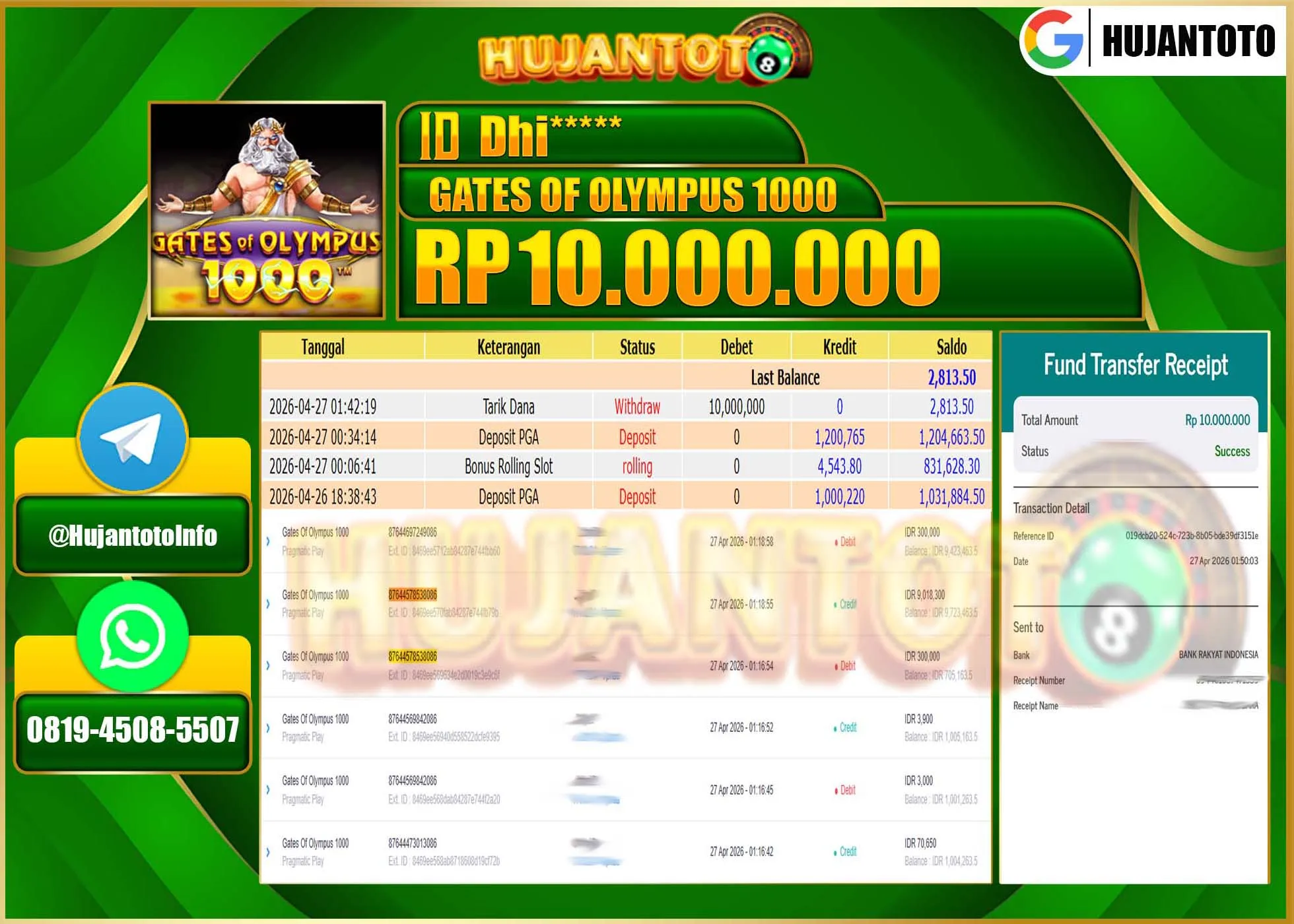HUJANTOTO - BUKTI JACKPOT MENANG SLOT GATES OF OLYMPUS 1000 Rp.10,000,000 - TERBAYAR LUNAS