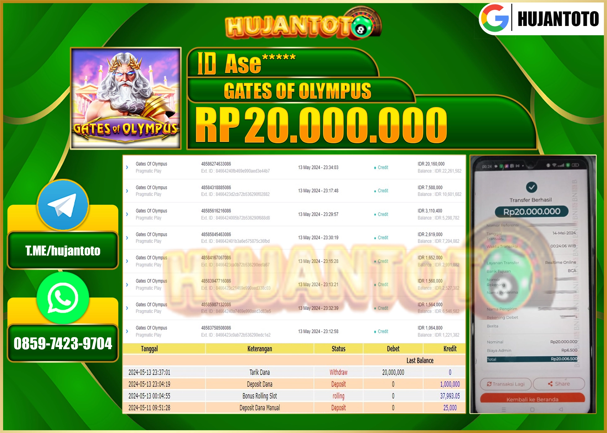 HUJANTOTO MENANG GATES OF OLYMPUS 20,000,000- LUNAS