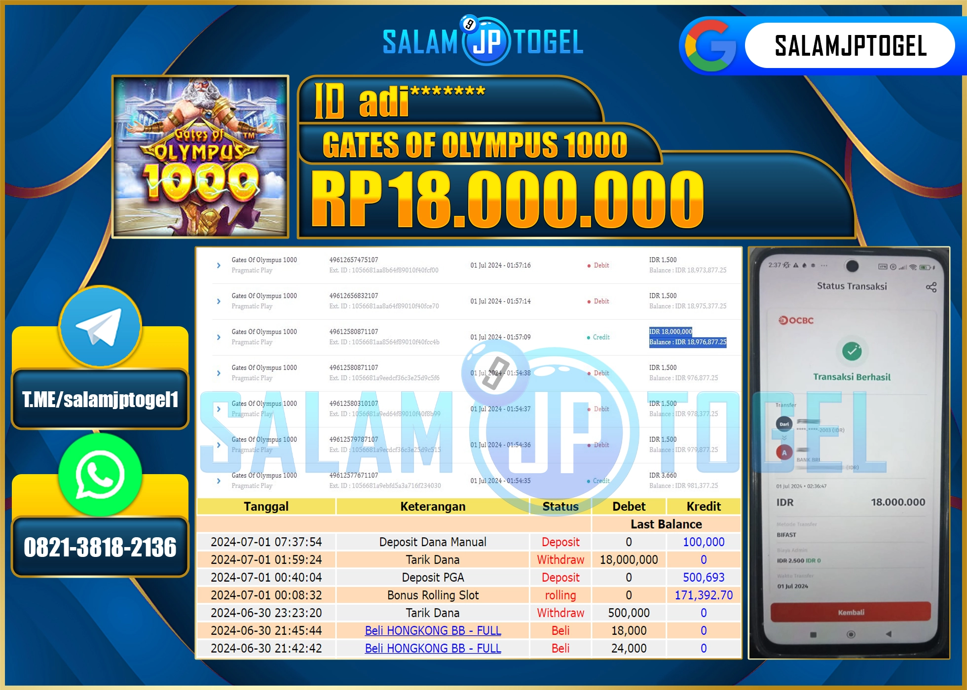SALAMJPTOGEL MENANG  Gates of olympus 1000 RP. 18,000,000.,LUNAS
