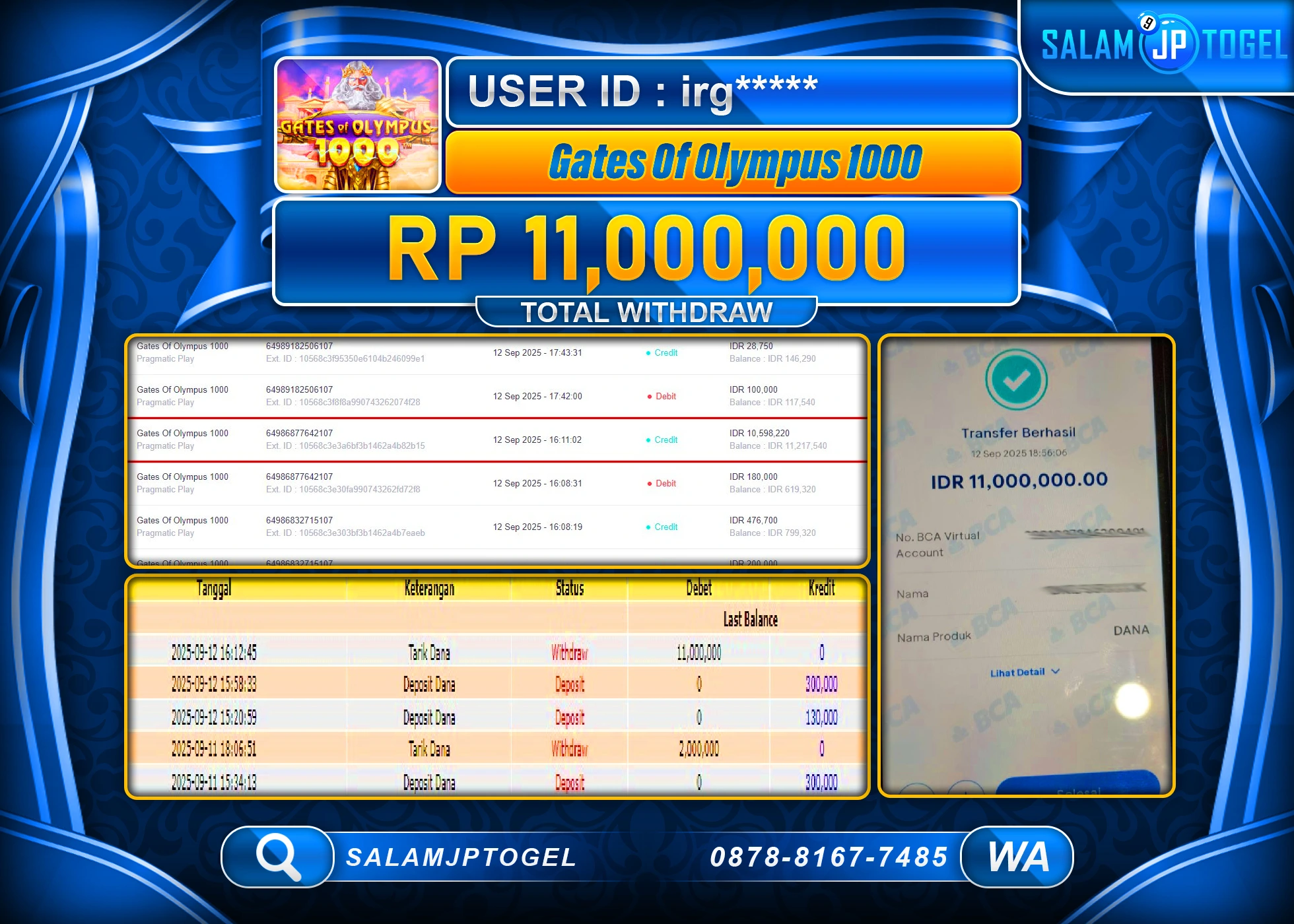 SALAMJPTOGEL MENANG GATES OF OLYMPUS 1000  Rp.11,000,000