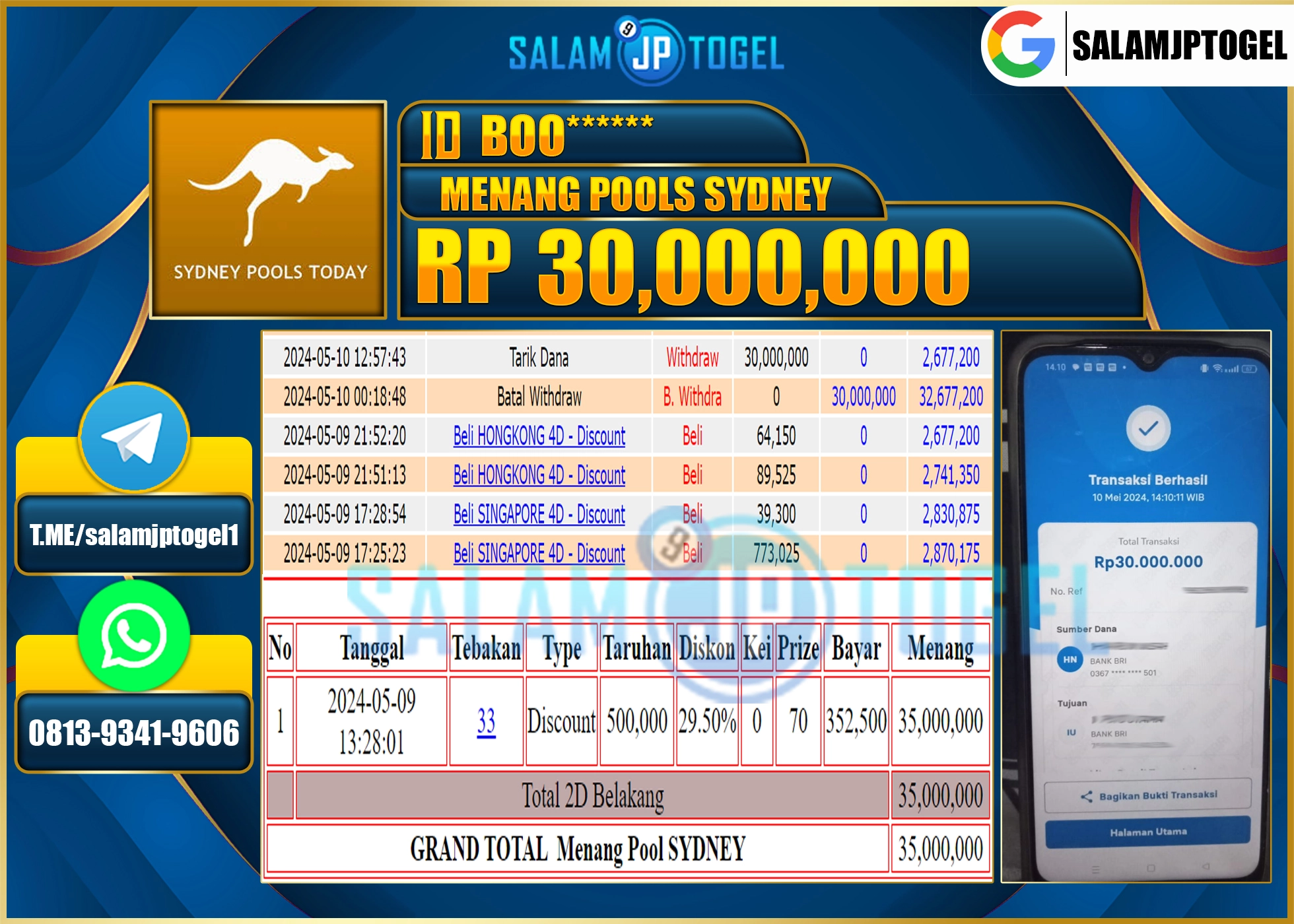 SALAMJPTOGEL MENANG SYDNEY RP. 30,000,000.,- LUNAS