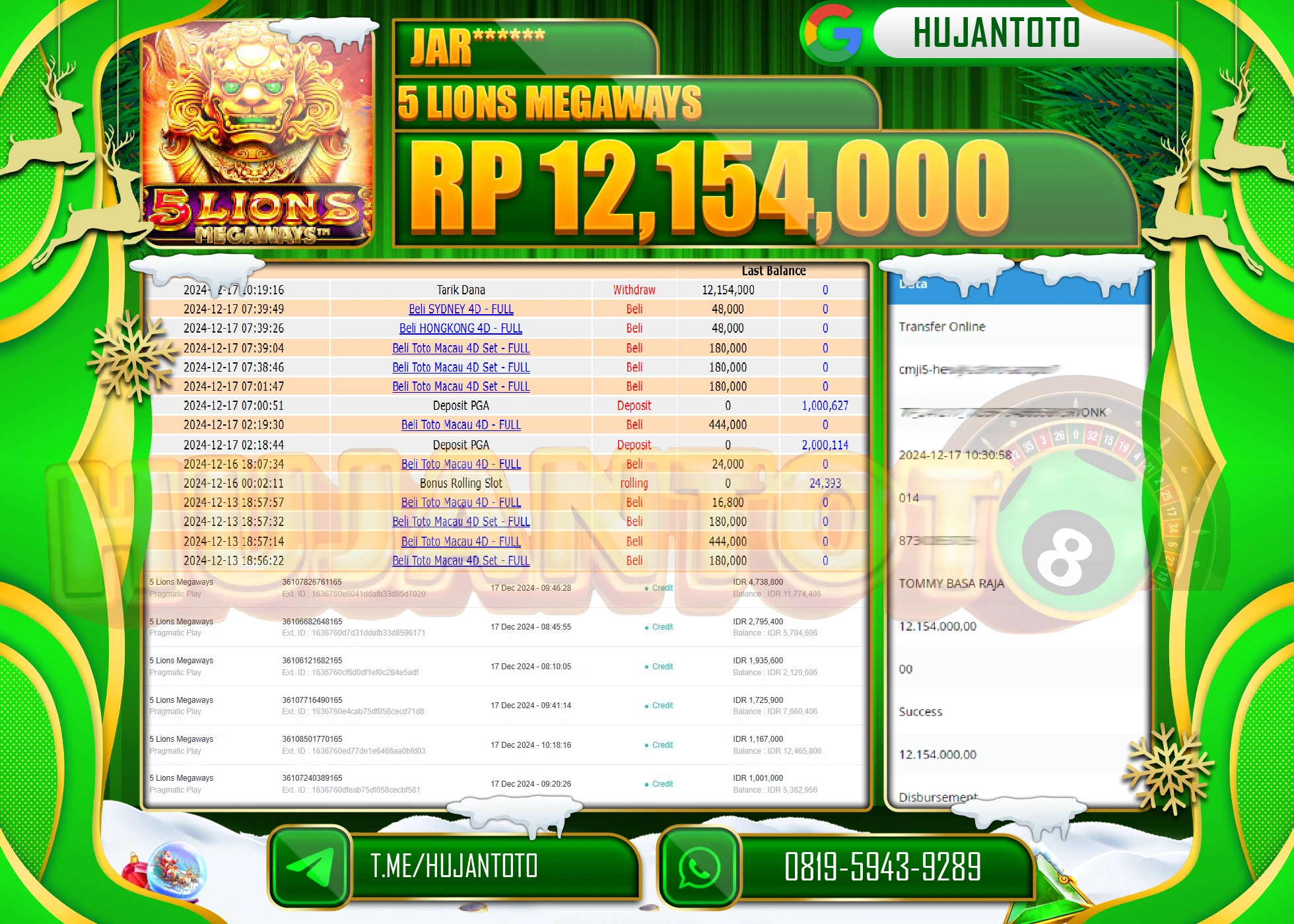 HUJANTOTO ATAS KEMENANGAN BESAR YANG DI RAIH DI PERMAINA SLOT 5 LIONS MEGAWAYS - 12,154,000 - TERBAYAR LUNAS