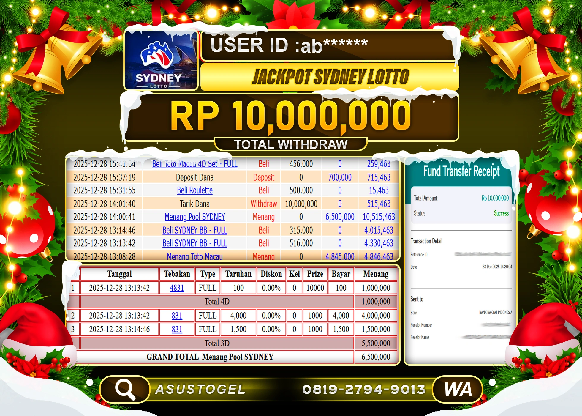 ASUSTOGEL KEMENANGAN DI TOGEL SYDNEY LOTTO  SEBESAR 10,000,000 - RUPIAH LUNAS