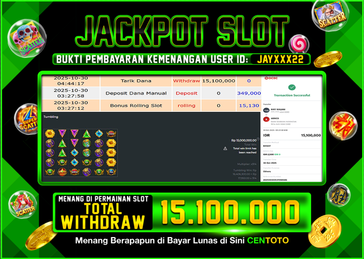 BUKTI JACKPOT SLOT CENTOTO RP.15.100.000,-LUNAS