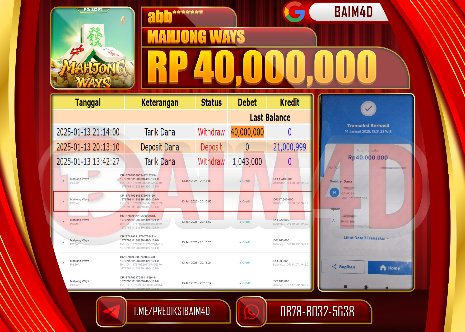 BAIM4D JACKPOT Menang Mahjong Wins 3  Rp.40,000,000.- LUNAS