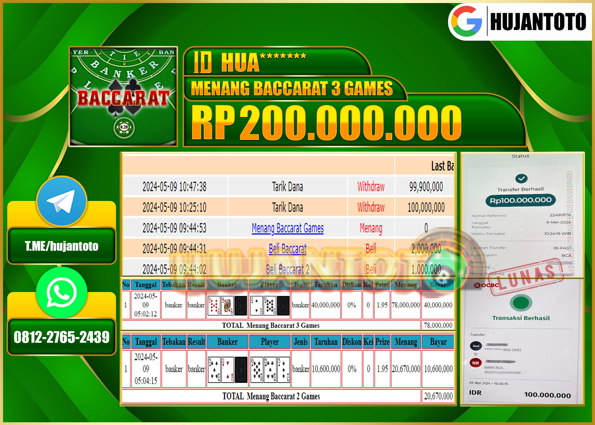 HUJANTOTO MENANG BACCARAT 3 GAMES 200,000,000 - LUNAS
