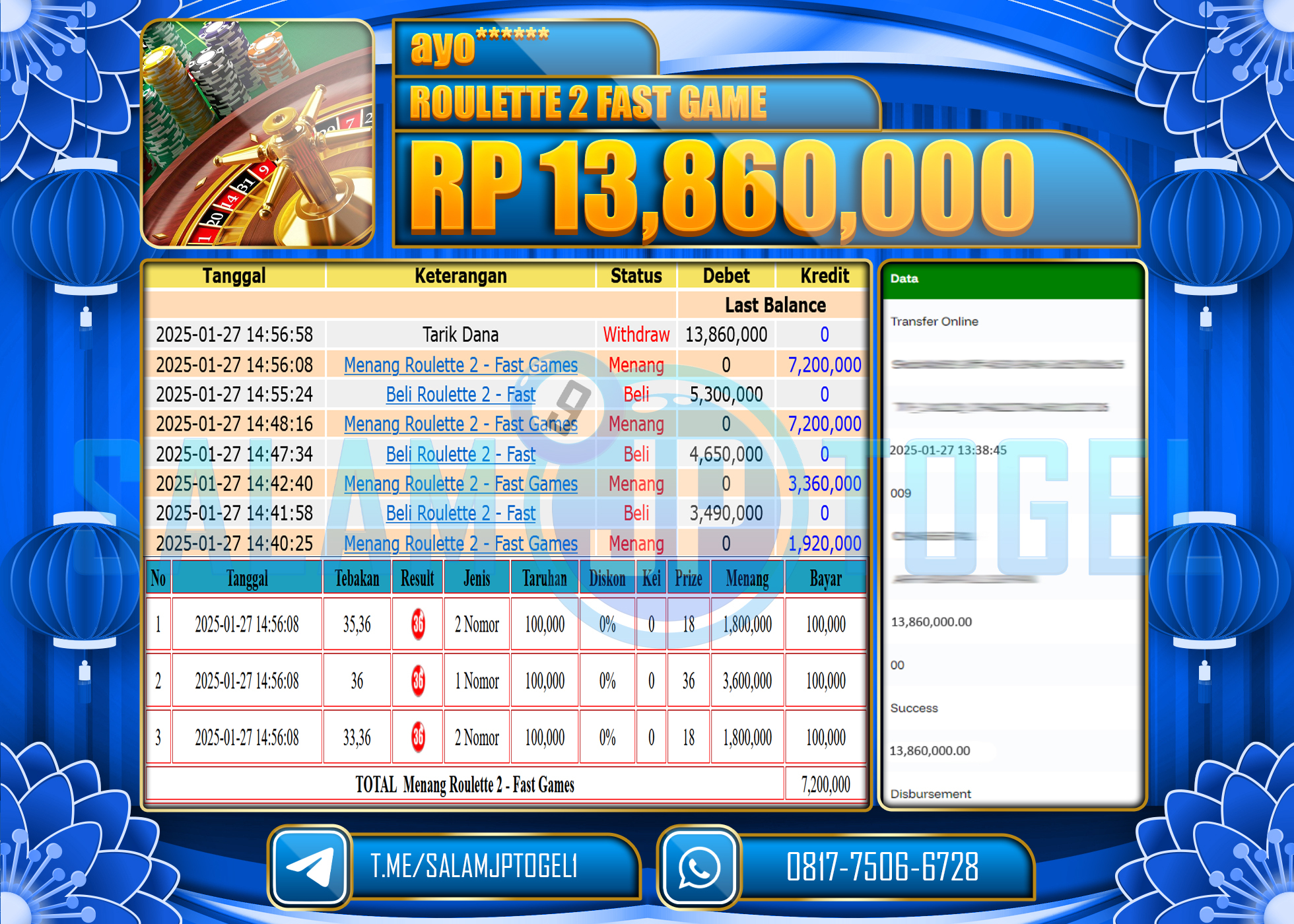 SALAMJPTOGEL MENANG ROULETTE 2 FAST GAME Rp.13,860,000 LUNAS