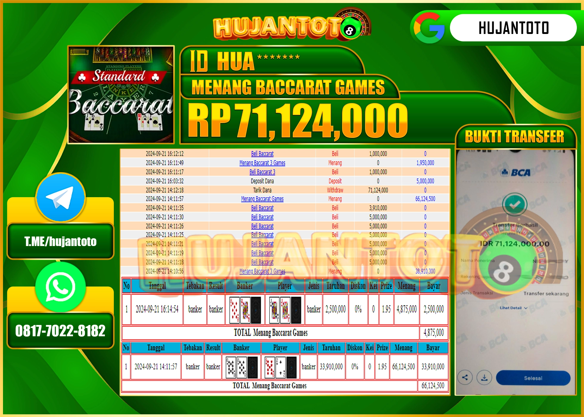 HUJANTOTO MENANG BESAR DI PERMAINAN BACCARAT GAMES , 71,124,000 - LUNAS 