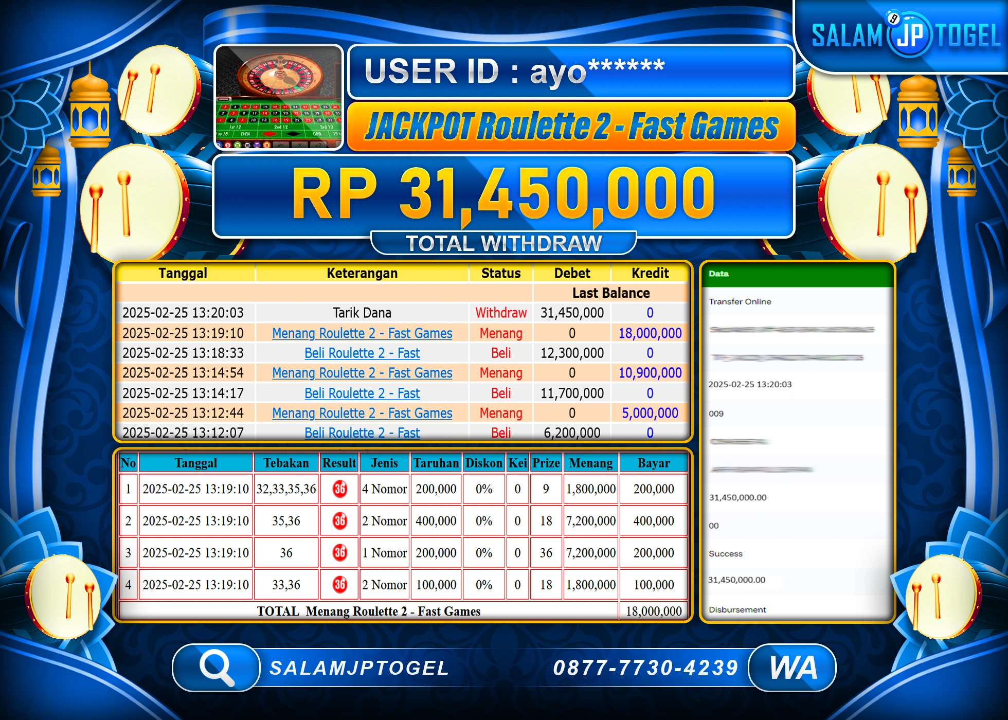 SALAMJPTOGEL MENANG Roulette 2 - fast game Rp. 31,450,000  LUNAS