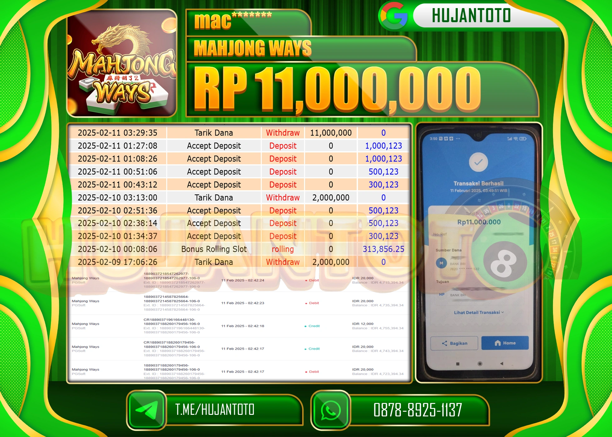 HUJANTOTO - BUKTI JACKPOT MENANG SLOT MAHJONG WAYS Rp,11,000,000 - TERBAYAR LUNAS