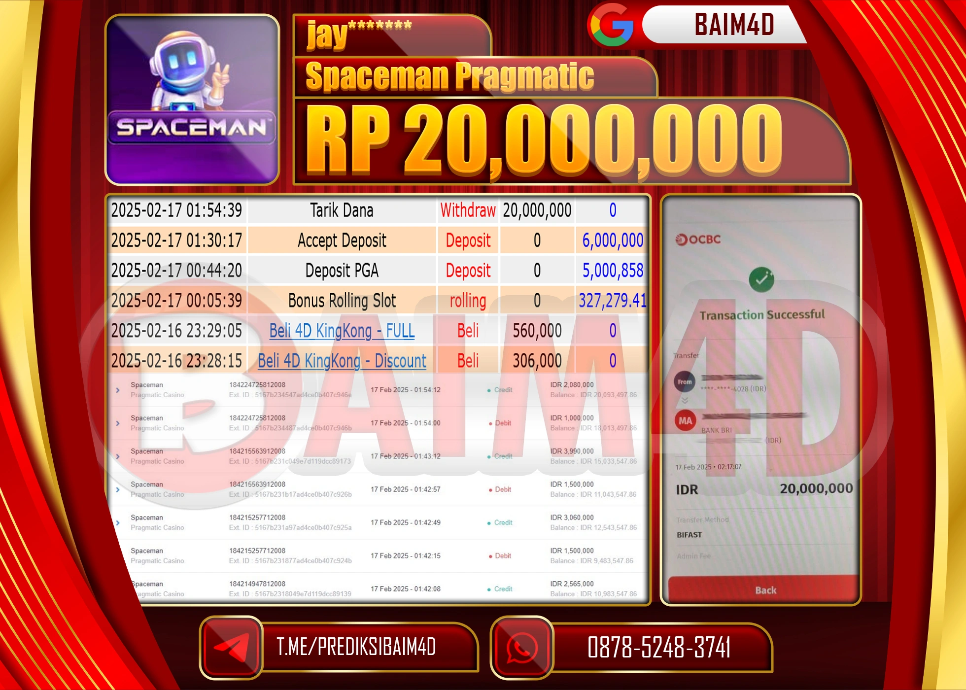 BAIM4D MENANG JACKPOT SPACEMAN PRAGMATIC.  Rp.20.000,000.