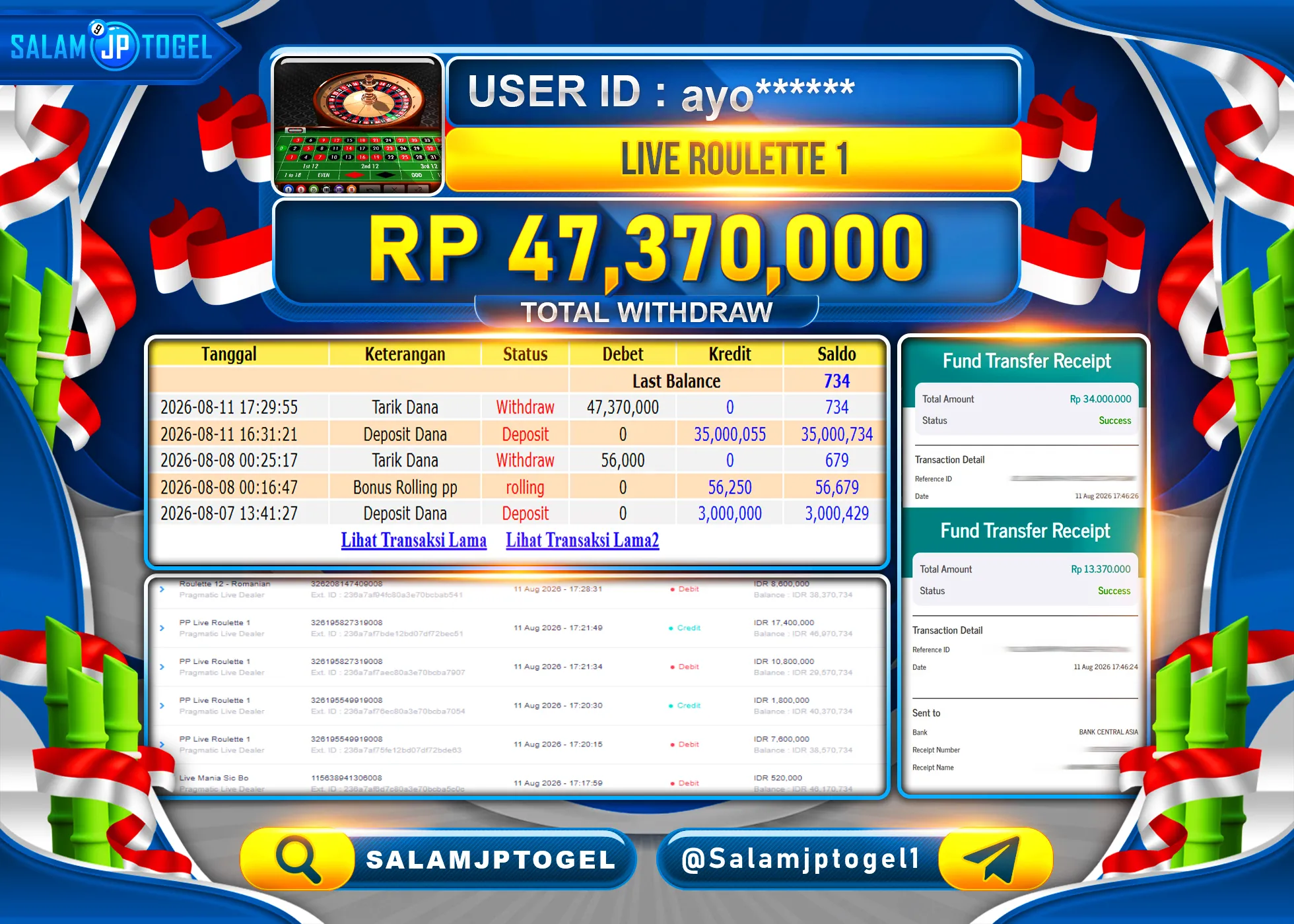 SALAMJPTOGEL JACKPOT MENANG LIVE GAME CASINO LIVE ROULETTE 1 Rp.47,370,000 - LUNAS