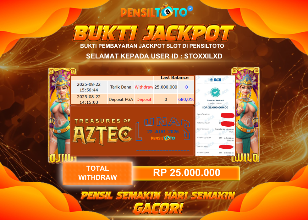 PENSILTOTO JACKPOT TREASURES OF AZTEC Rp.25.000.000,- LUNAS